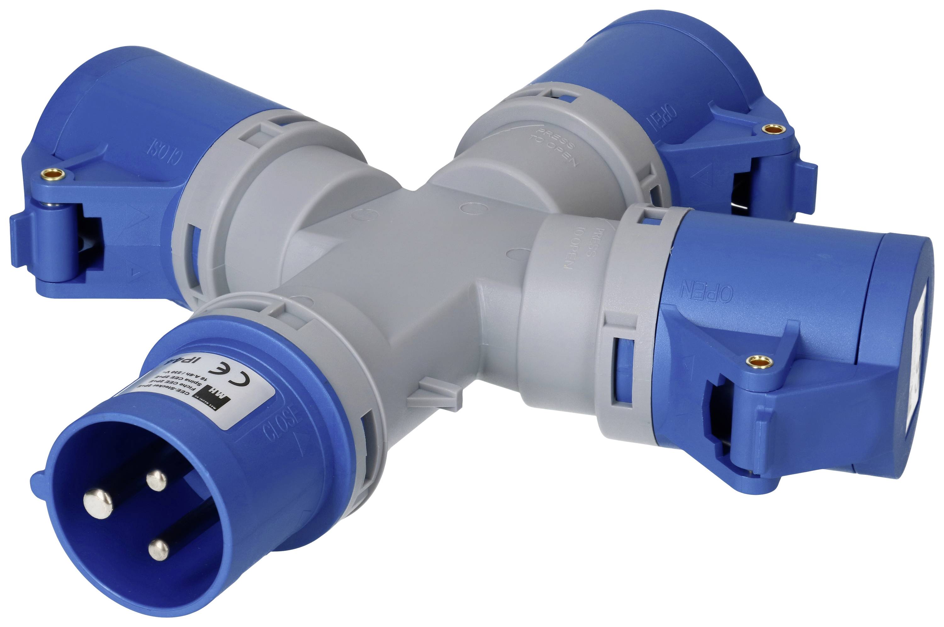 Ein blauer Adapterstecker mit vier Anschlüssen für industrielle Anwendungen, geeignet zur Verteilung von Strom in verschiedenen Richtungen.
