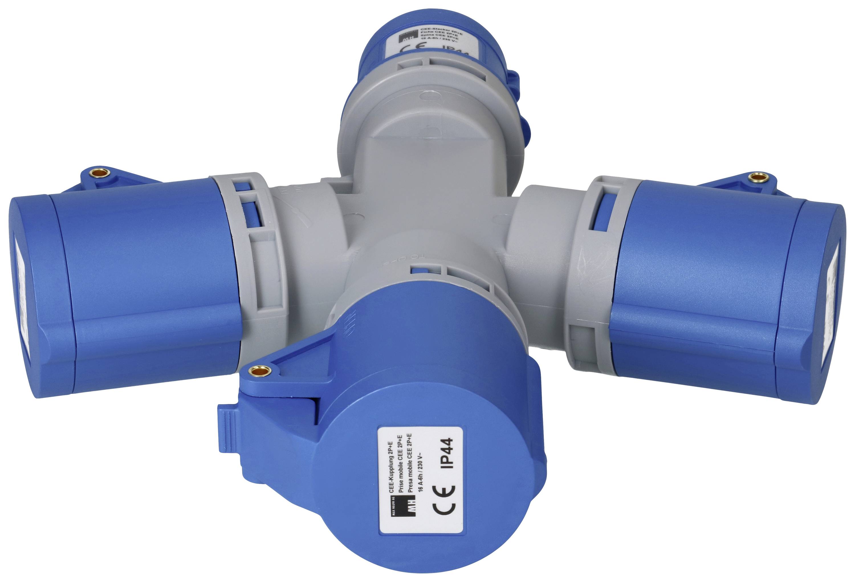 Blauer dreifacher CEE-Stecker-Adapter mit IP44-Schutz, geeignet für den Einsatz in feuchten Umgebungen.
