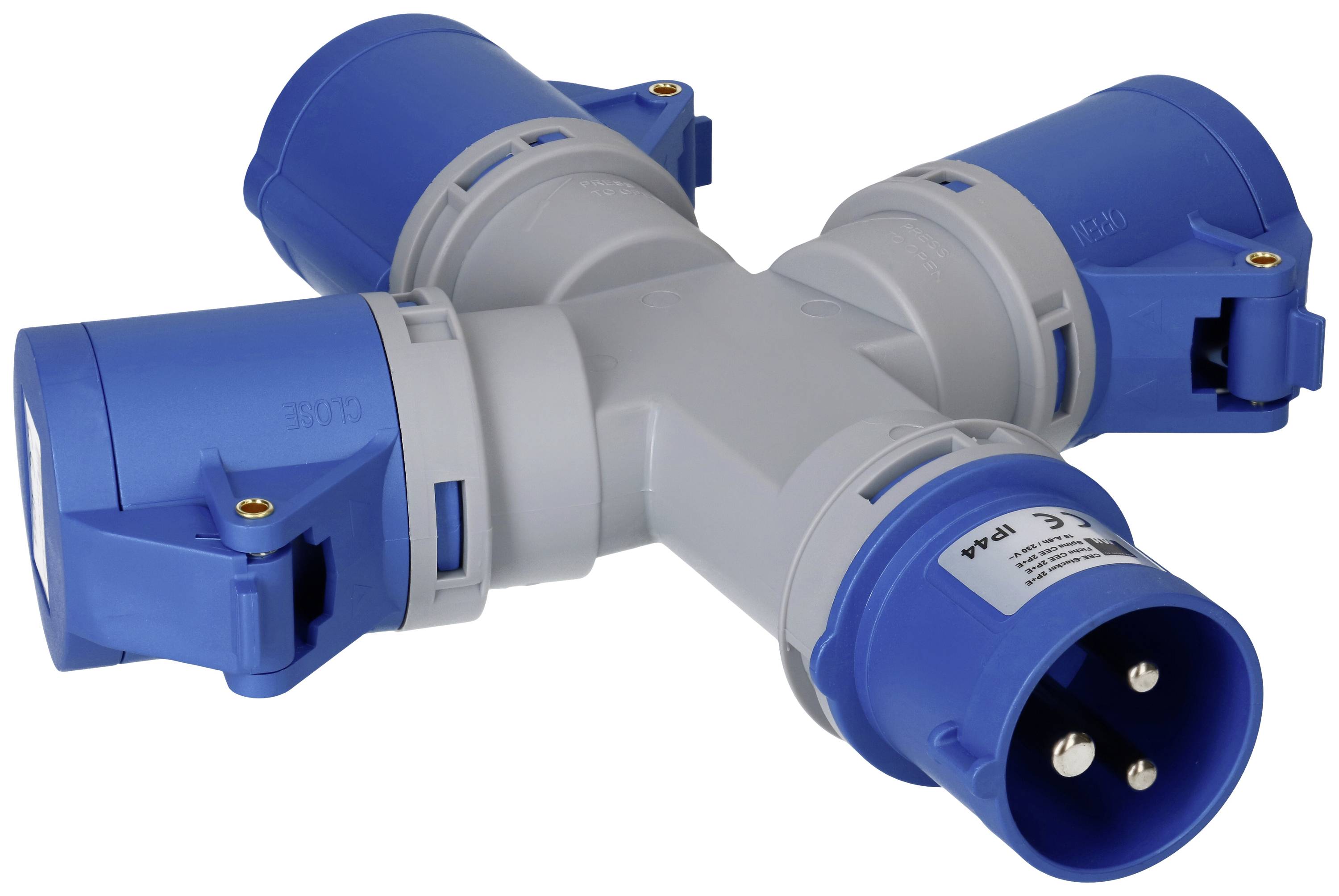 Ein blauer und grauer dreifacher Steckdosenadapter für Industriestecker, geeignet für den Einsatz mit CEE-Steckern.