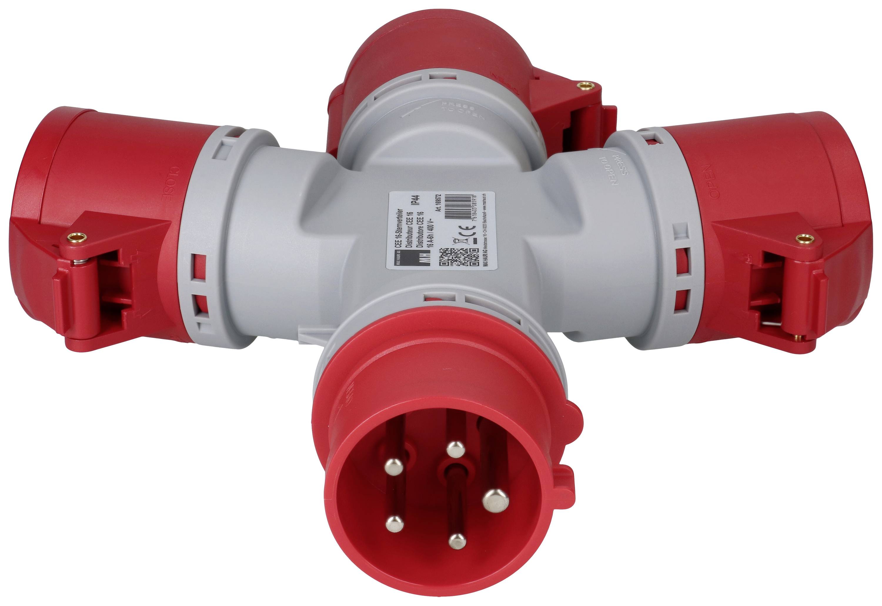 Roter und grauer CEE-Stecker in T-Form mit vier Stiften, geeignet für industrielle Anwendungen.