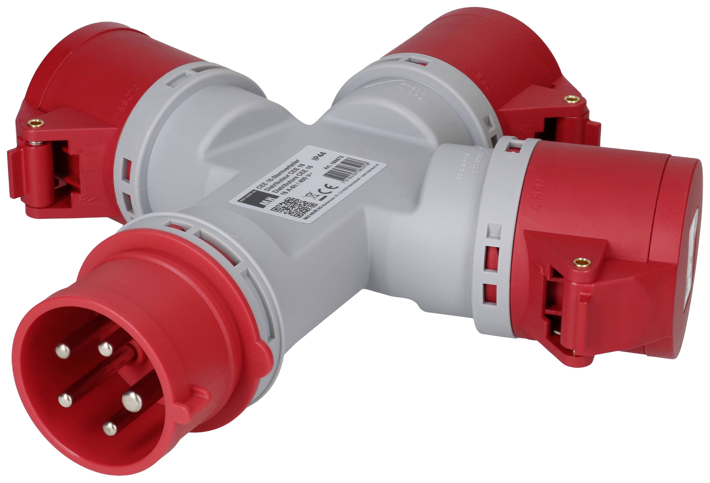 Ein rotes und graues T-Stück für elektrische Verbindungen mit mehreren Steckplätzen, geeignet für industrielle Anwendungen.