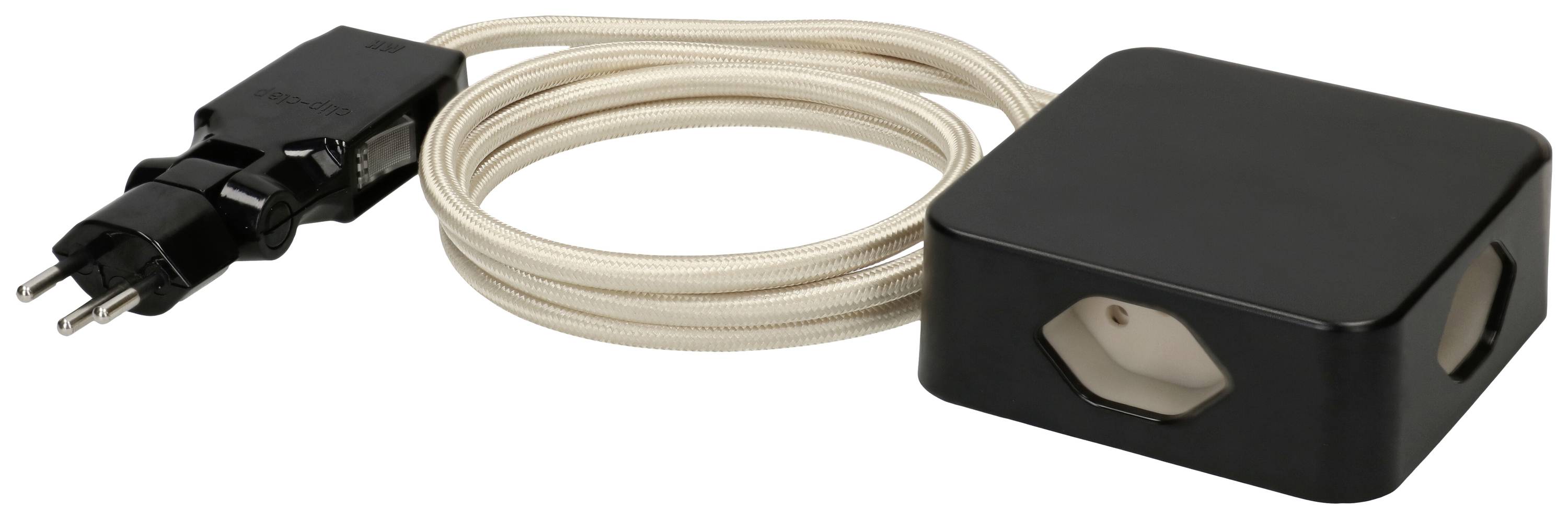 Schwarzes elektrisches Gerät mit Steckerkabel. Gerät hat einen rechteckigen Kasten und ist möglicherweise ein Adapter oder Ladegerät.