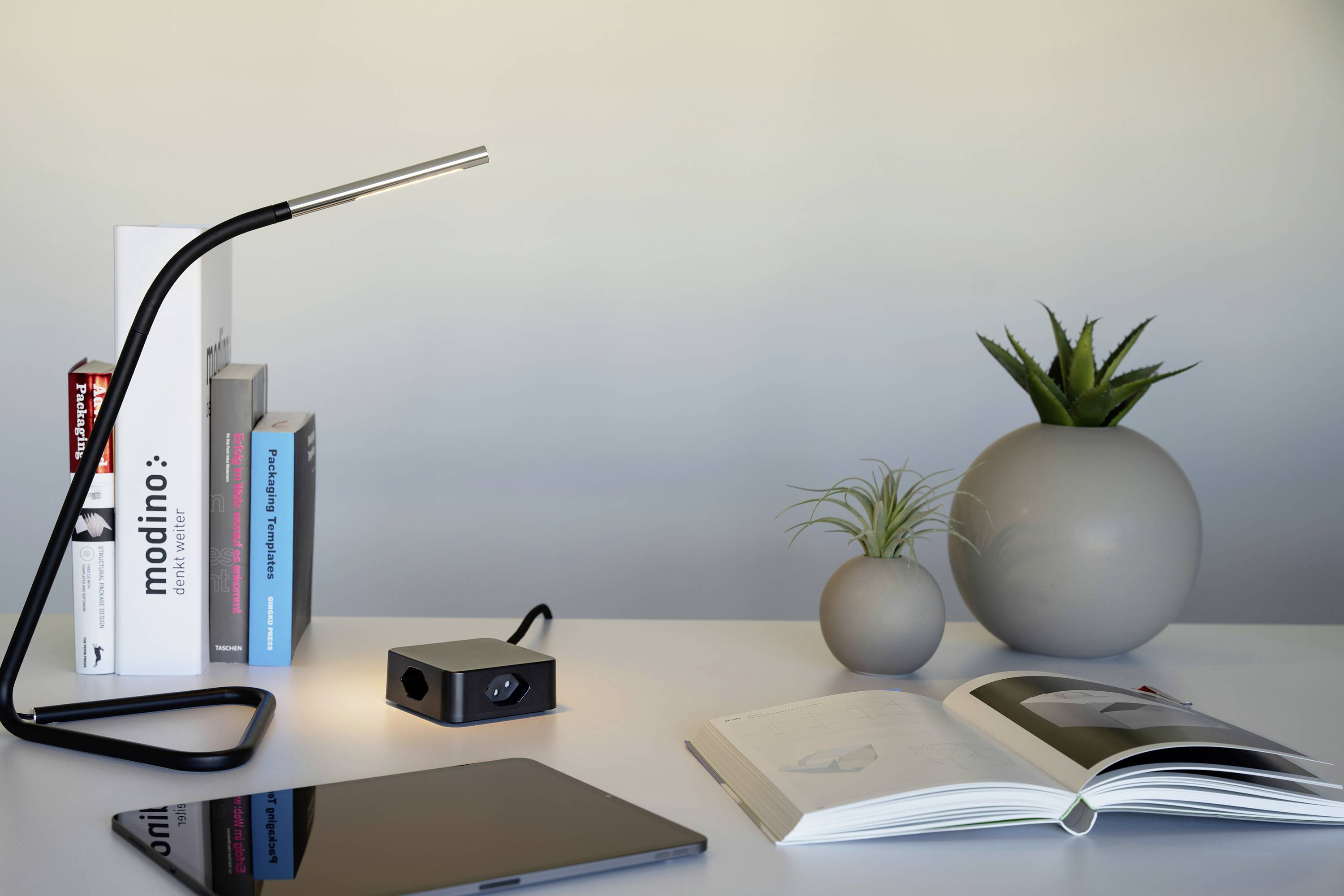 Ein Schreibtisch mit einer Lampe, Büchern, zwei Pflanzen und einem offenen Buch. Modernes und minimalistisches Design.