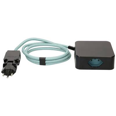 Ein schwarzer Netzstecker mit türkisfarbenem Kabel und Steckdose. Der Anschluss ist für elektronische Geräte gedacht.