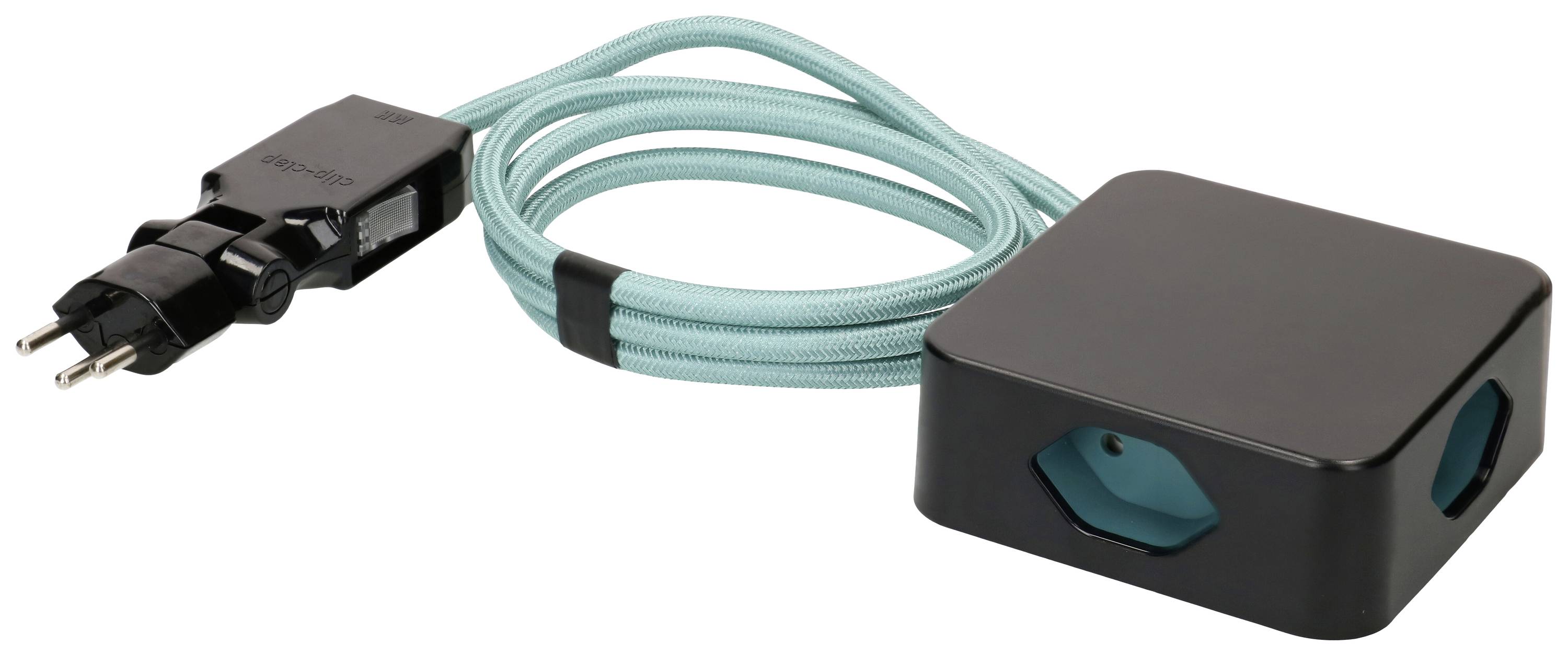 Schwarzer Mehrfachstecker mit türkisfarbenem Kabel und zwei Steckdosen.