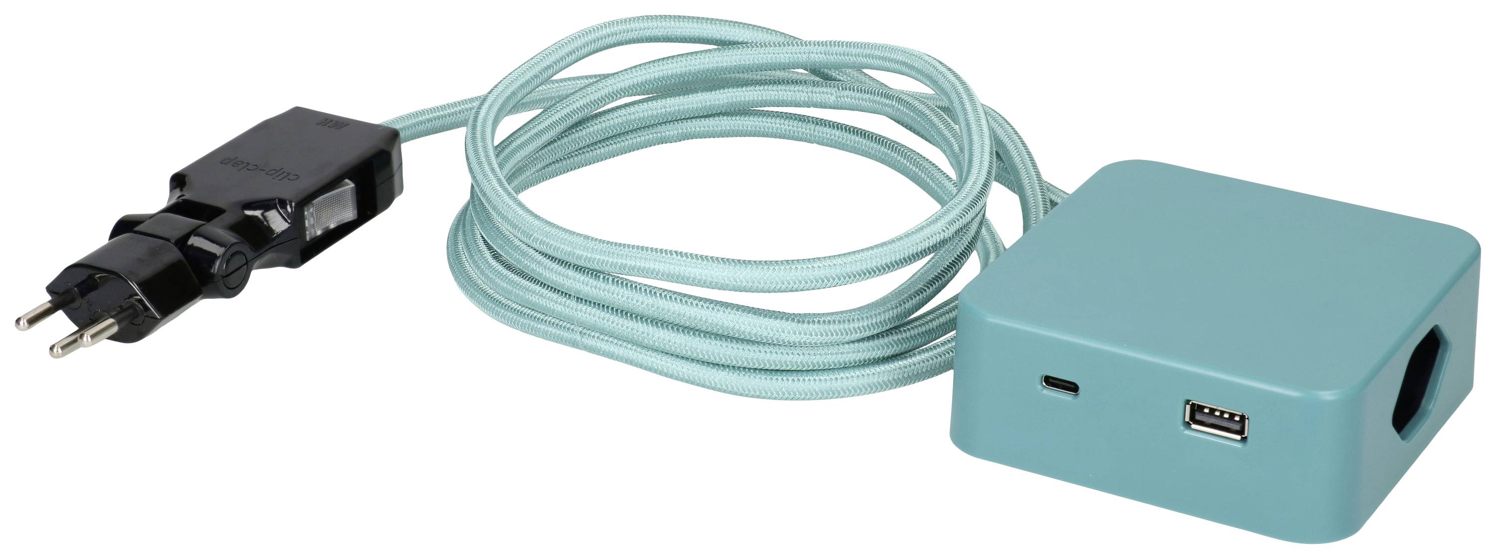 Ein türkisfarbener USB-Ladeadapter mit Kabel und europäischem Stecker.