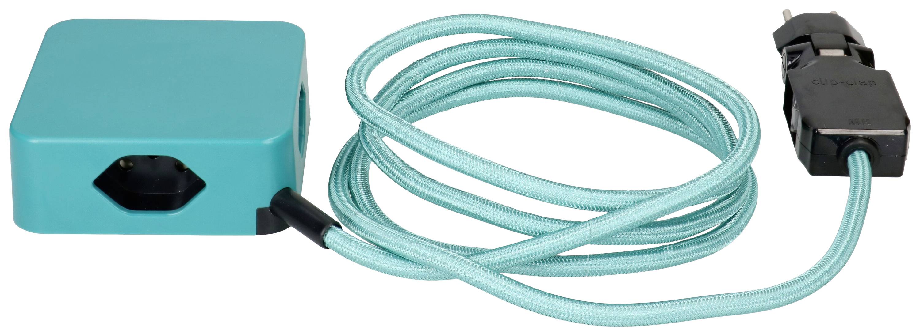 Ein türkisfarbenes Verlängerungskabel mit rechteckigem Gehäuse und schwarzem Stecker; ideal für flexible Stromanschlüsse.