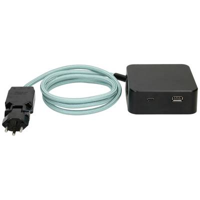 Schwarzes Ladegerät mit blauem Kabel und europäischen Stecker, USB-C- und USB-A-Anschlüsse.