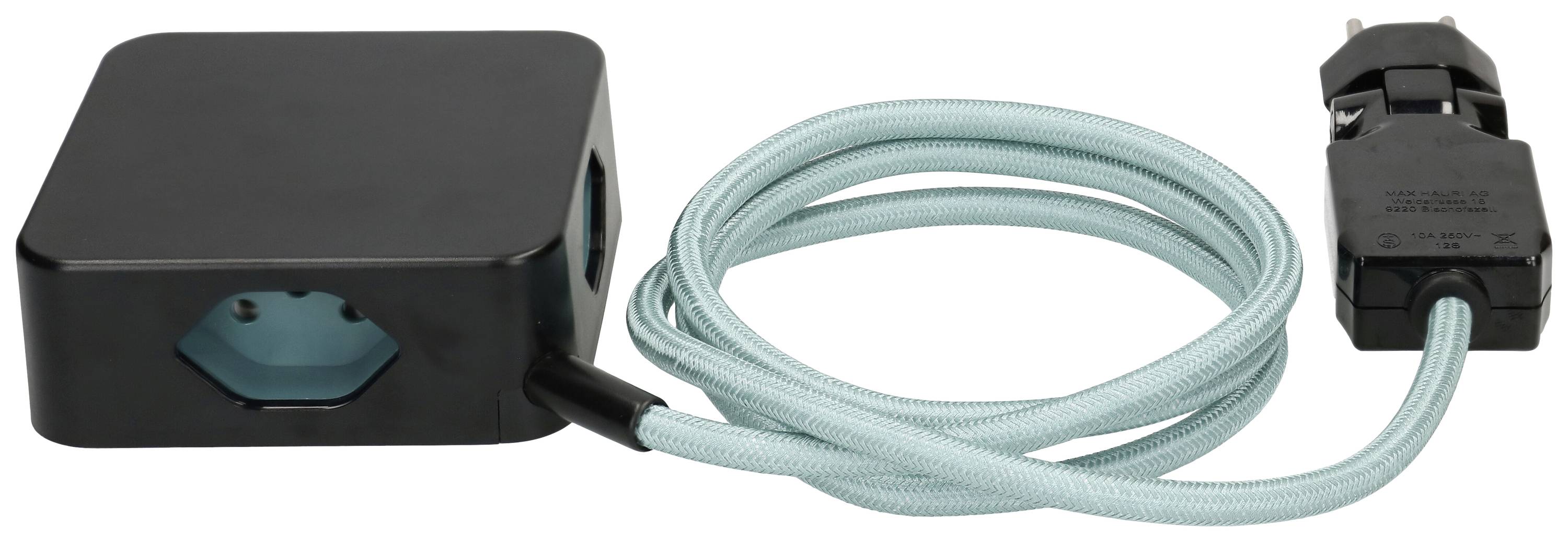 Schwarzes Rechteckgerät mit türkisfarbenem Kabel und Stecker, wahrscheinlich eine Mehrfachsteckdose oder Verlängerungskabel.