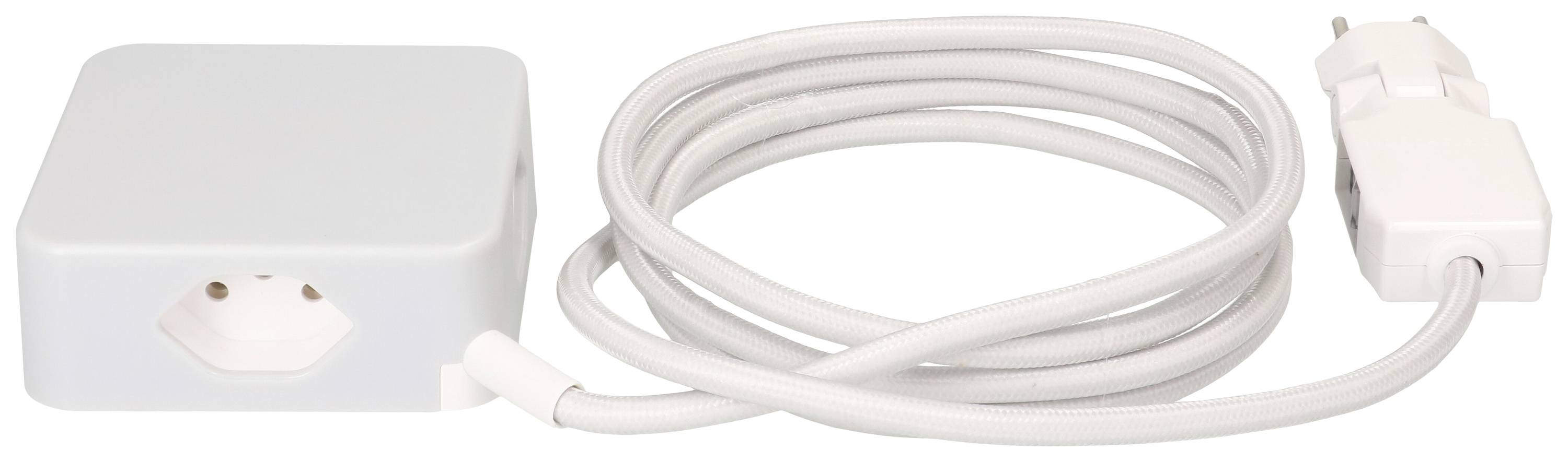 Graues Netzteil mit abnehmbaren Netzkabel und weißem Stecker, geeignet für elektronische Geräte.