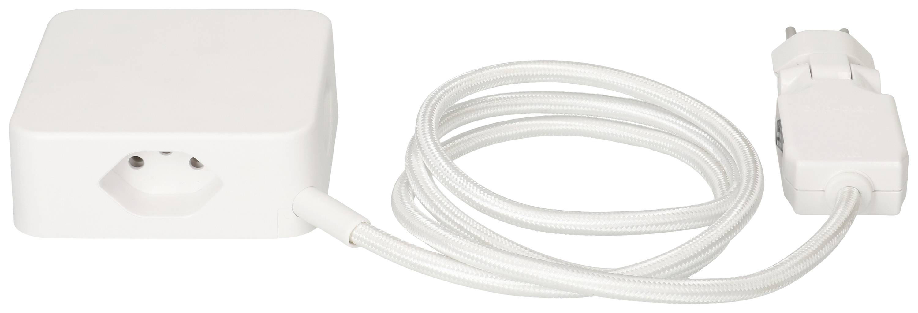 Weißes Netzteil mit abnehmbarem Kabel, geeignet für europäische Steckdosen.