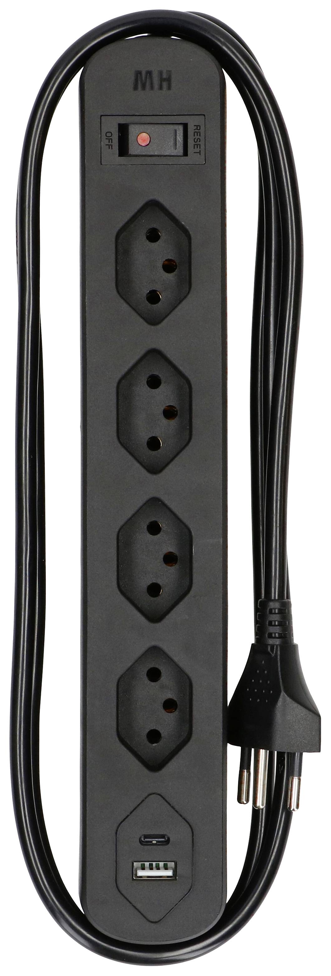 Eine schwarze Mehrfachsteckdose mit vier Steckplätzen und einem USB-Anschluss. Ein- und Ausschalter oben, Kabel rechtsseitig.