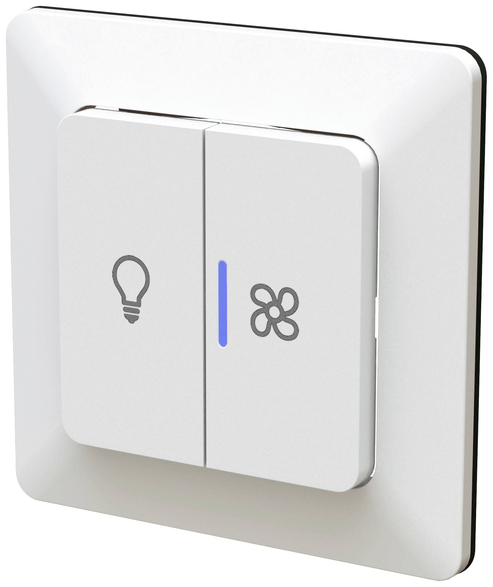 Lichtschalter mit zwei Tasten: Eine mit Glühbirnensymbol, andere mit Ventilatorsymbol. Minimalistisches Design, weiße Oberfläche.