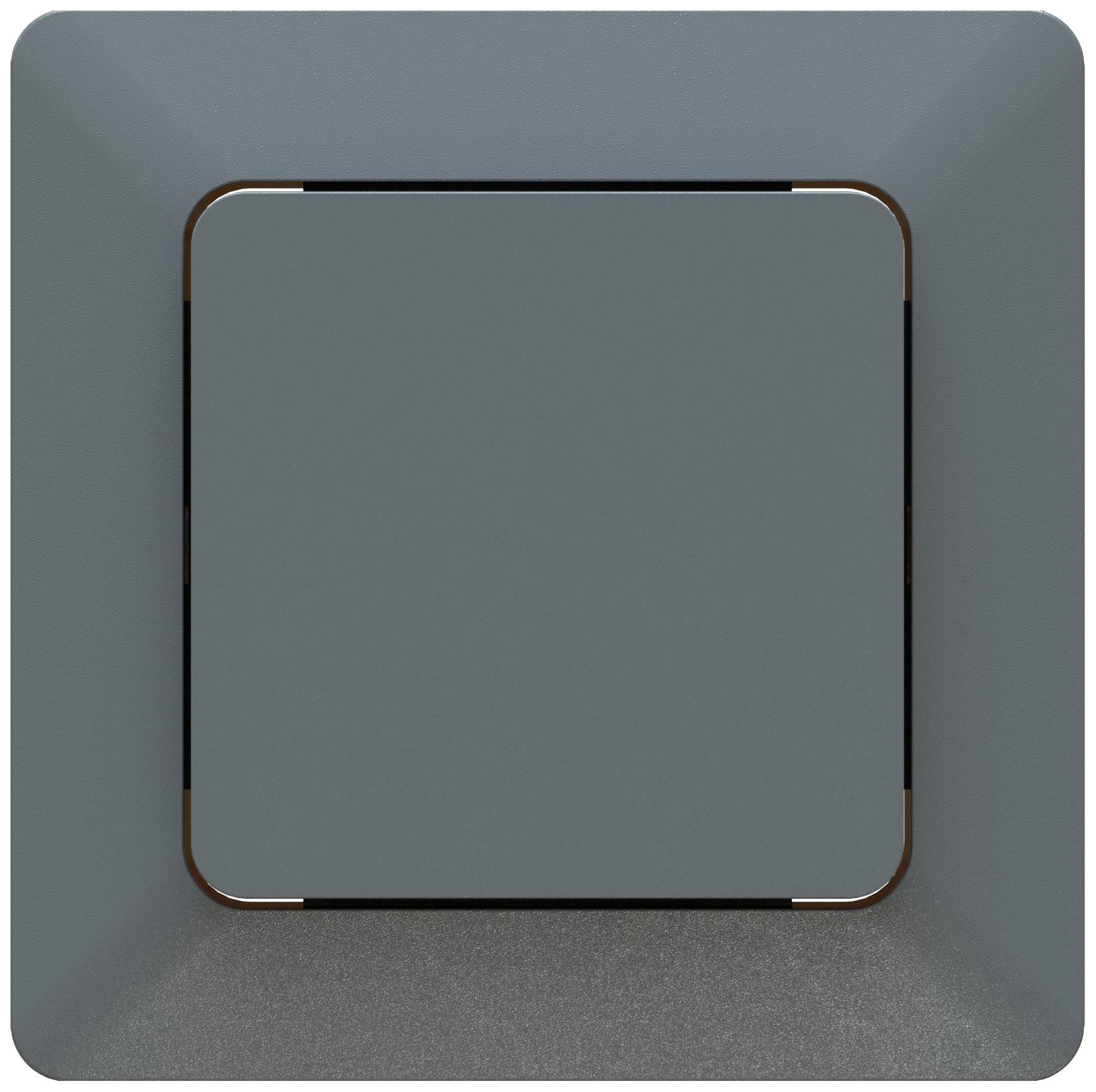 Ein einfacher, grauer Lichtschalter auf einer dunkleren grauen Wand montiert. Der Schalter hat abgerundete Ecken und ein minimalistisches Design.