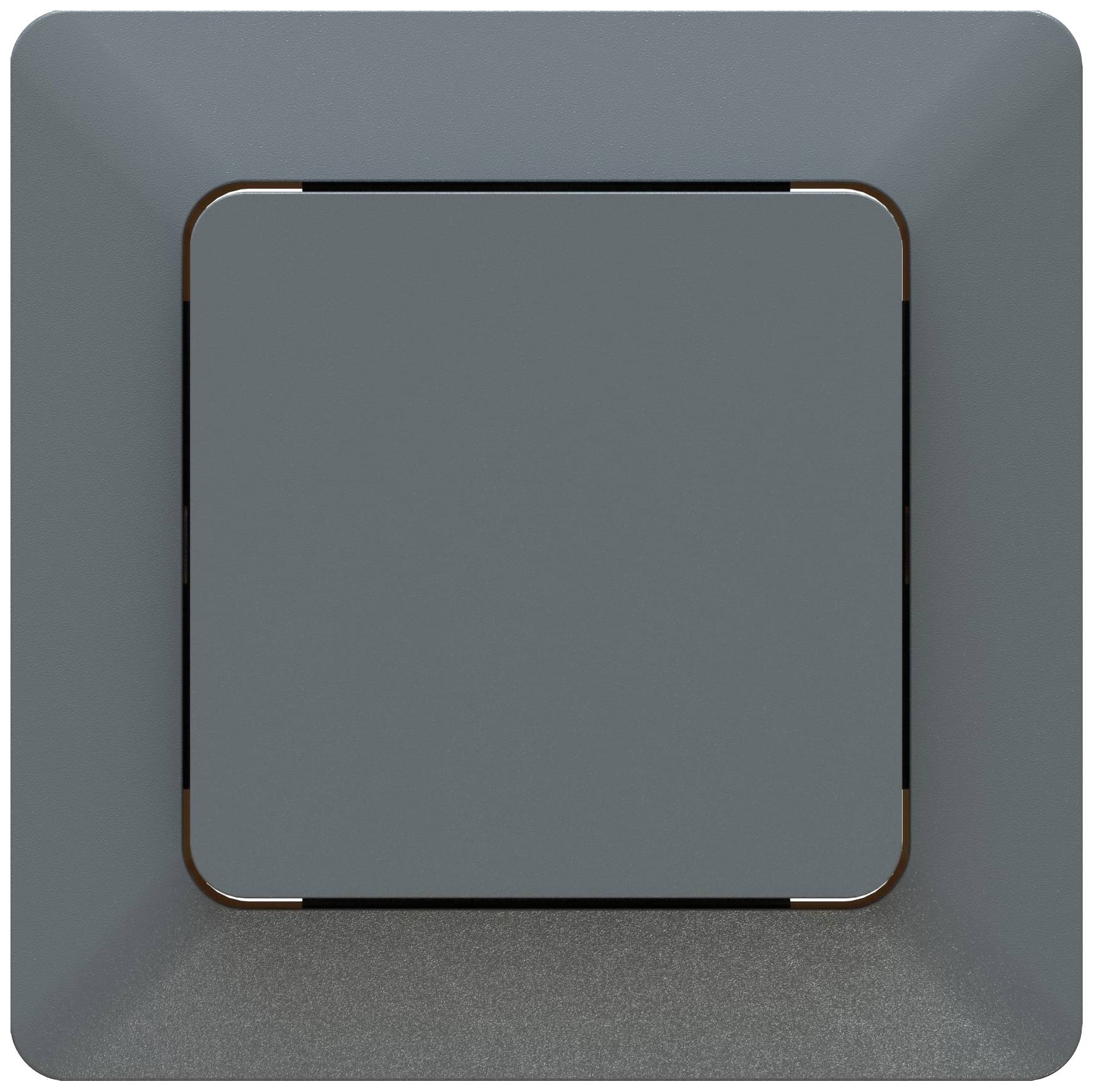 Ein quadratischer, dunkelgrauer Lichtschalter mit einem minimalistischen Design.