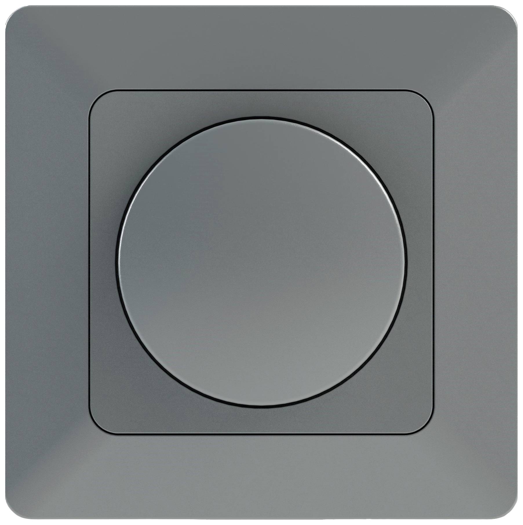 Ein grauer, quadratischer Lichtschalter, zentral platziert, zeigt eine zentrale, runde Taste.