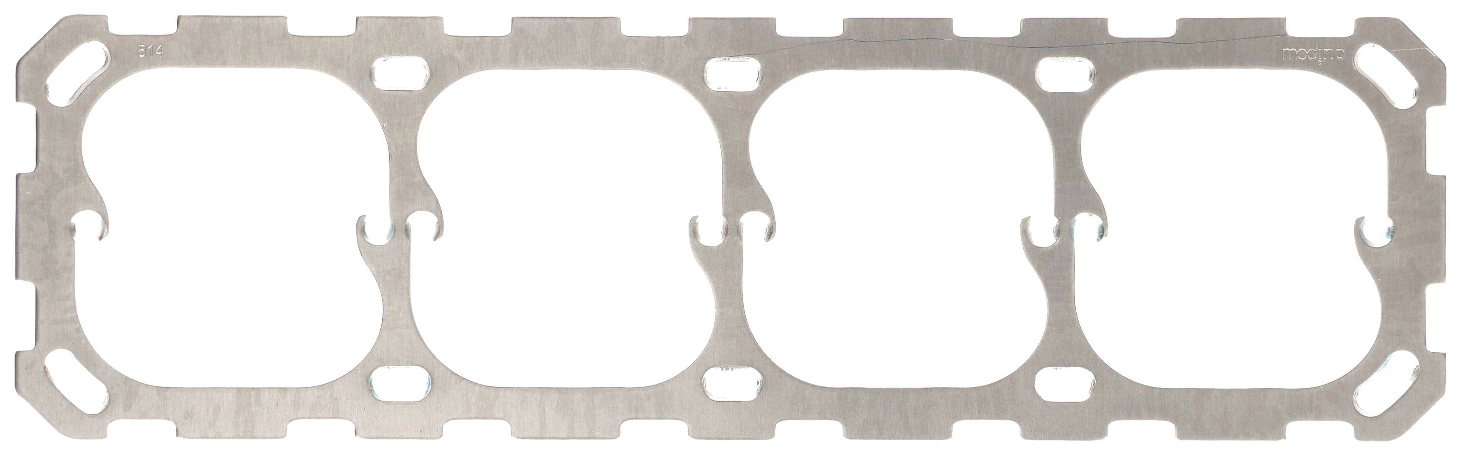 Eine Metallplatte mit vier rechteckigen Ausschnitten in Reihe. Die Form ähnelt einer Dichtung, möglicherweise für einen Motorblock.