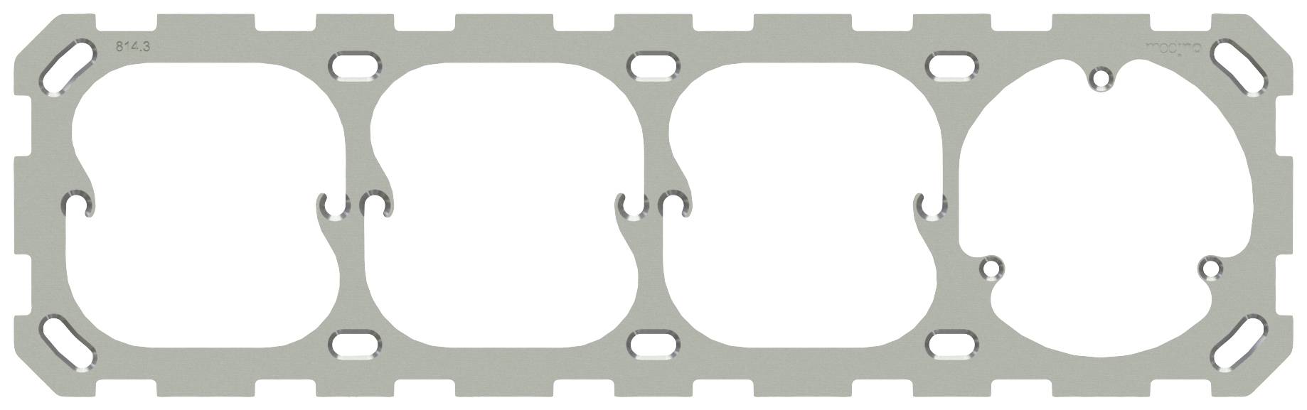 Flache, rechteckige Metallplatte mit vier unregelmäßigen Löchern in einer Reihe. Sie dient als Dichtung für Maschinen- oder Motorenteile.