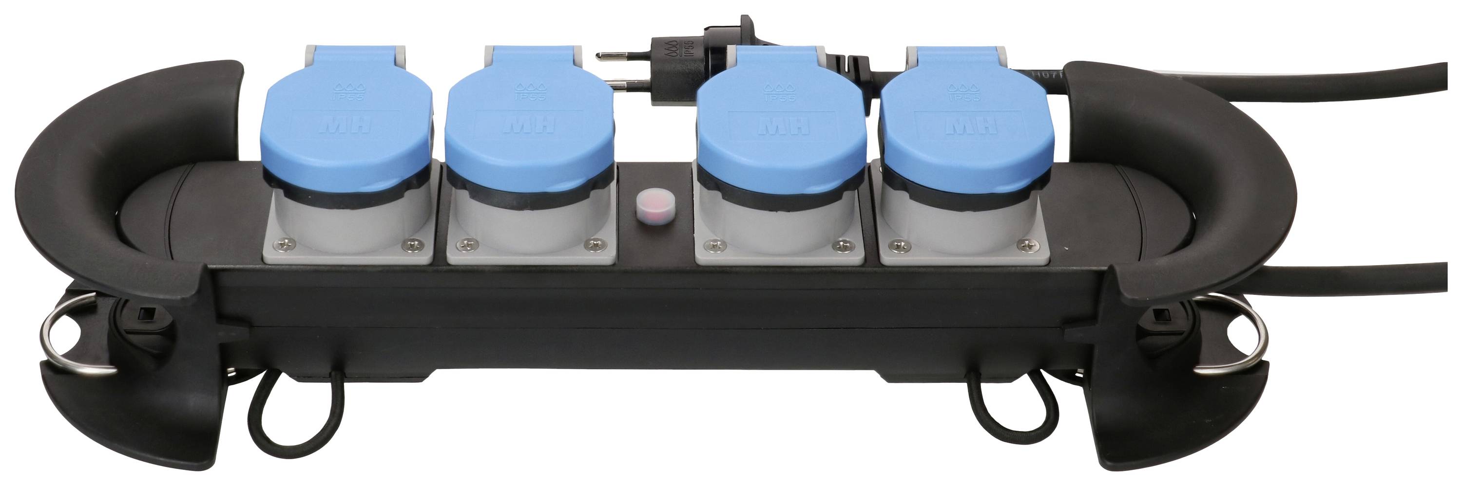 Ein zylindrischer Mehrfachsteckdosenadapter mit vier blauen Steckplätzen und einem Netzkabel. Geeignet für den Einsatz in Werkstätten.