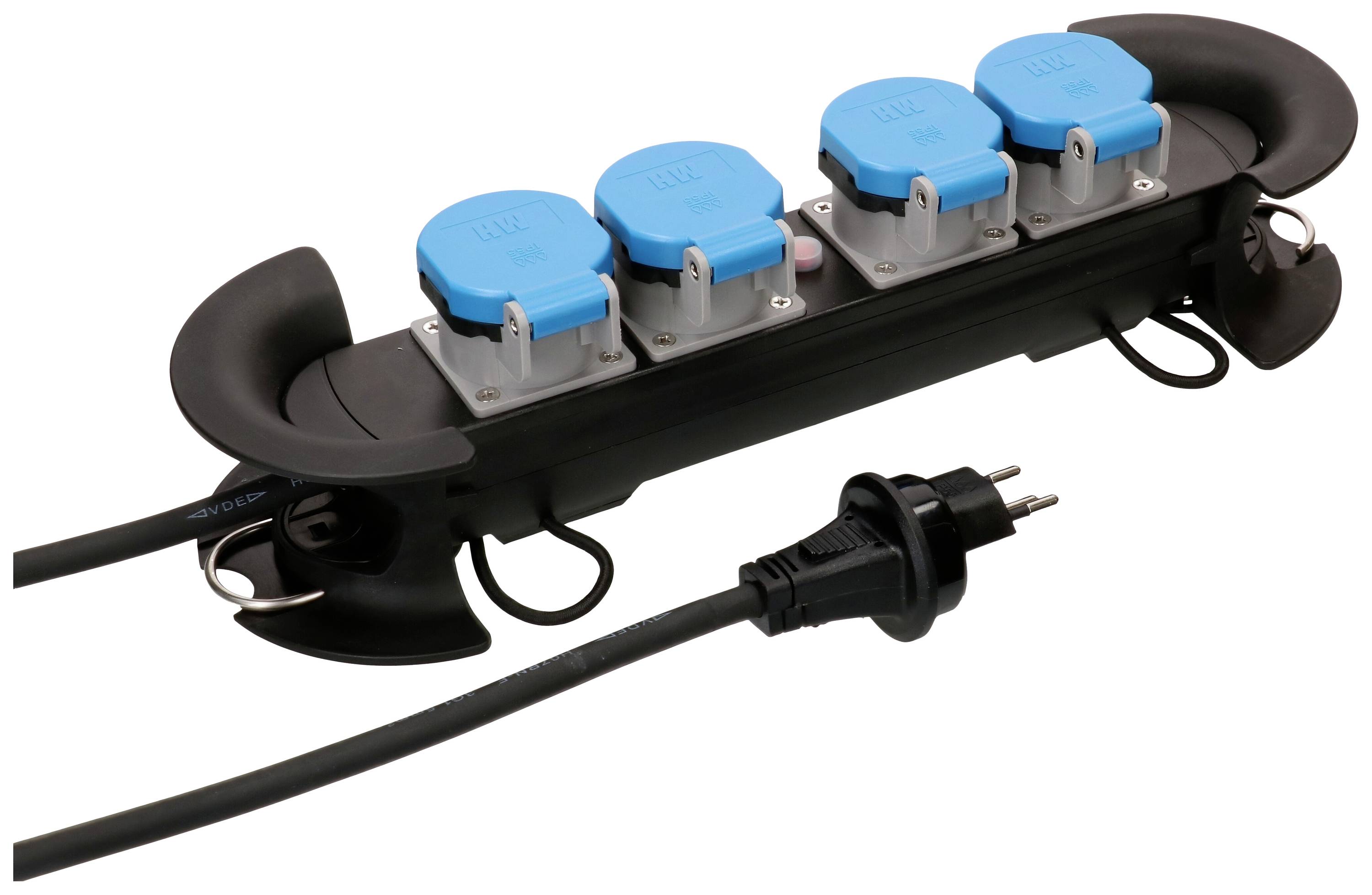 Ein schwarzer Mehrfachstecker mit vier blauen Schutzkontakt-Steckdosen und einem Eurostecker an einem Kabel.