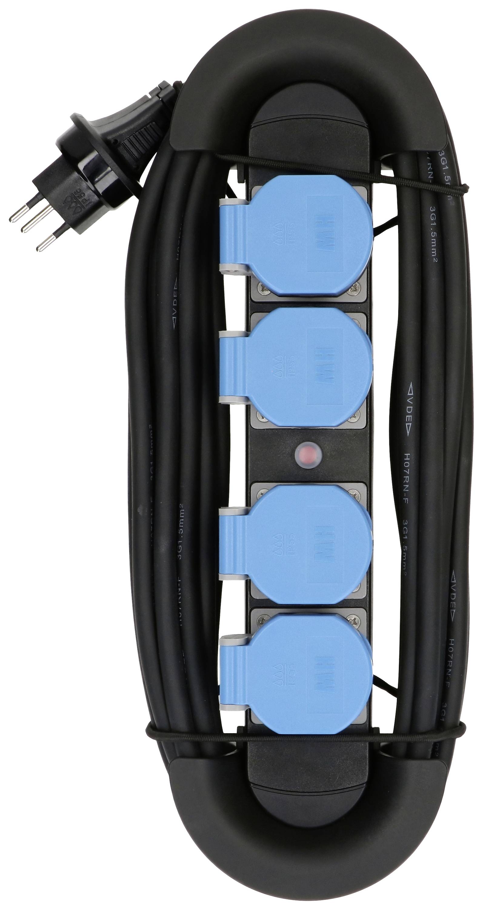 Schwarze Steckdosenleiste mit vier blauen Steckdosen, umwickeltem Kabel und Stecker, geeignet für Innen- und Außenbereich.