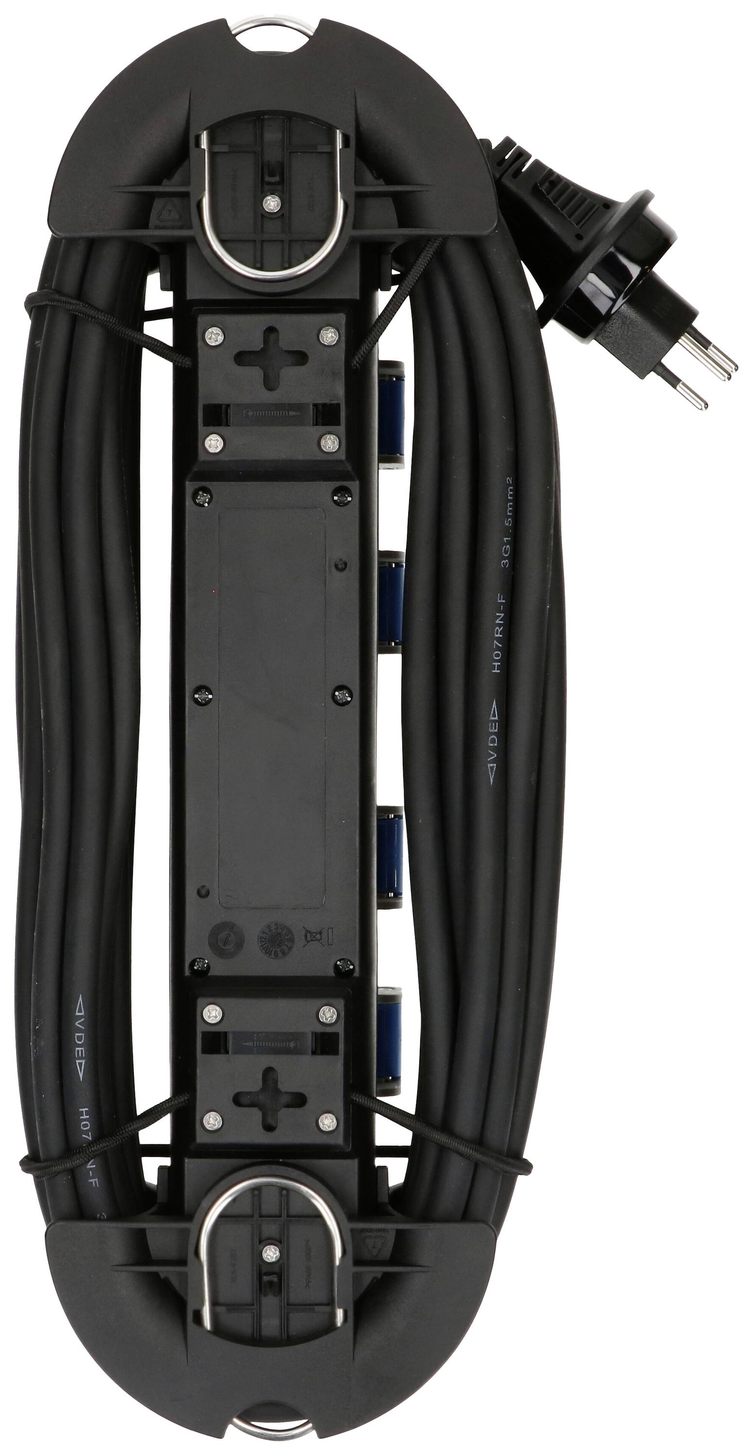 Eine schwarze Kabeltrommel mit aufgerolltem Kabel und europäischem Stecker.
