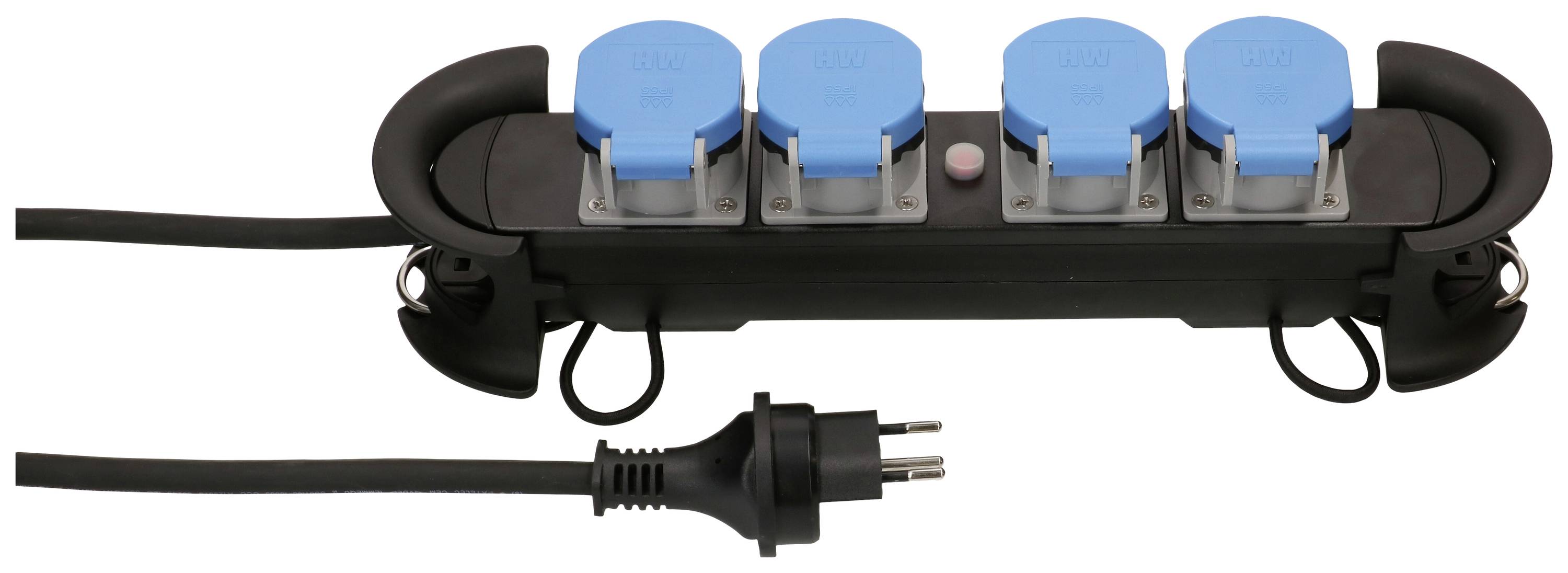 Eine schwarze Steckdosenleiste mit vier blauen Schutzkappen und einem Stecker, geeignet für den Anschluss mehrerer Elektrogeräte.