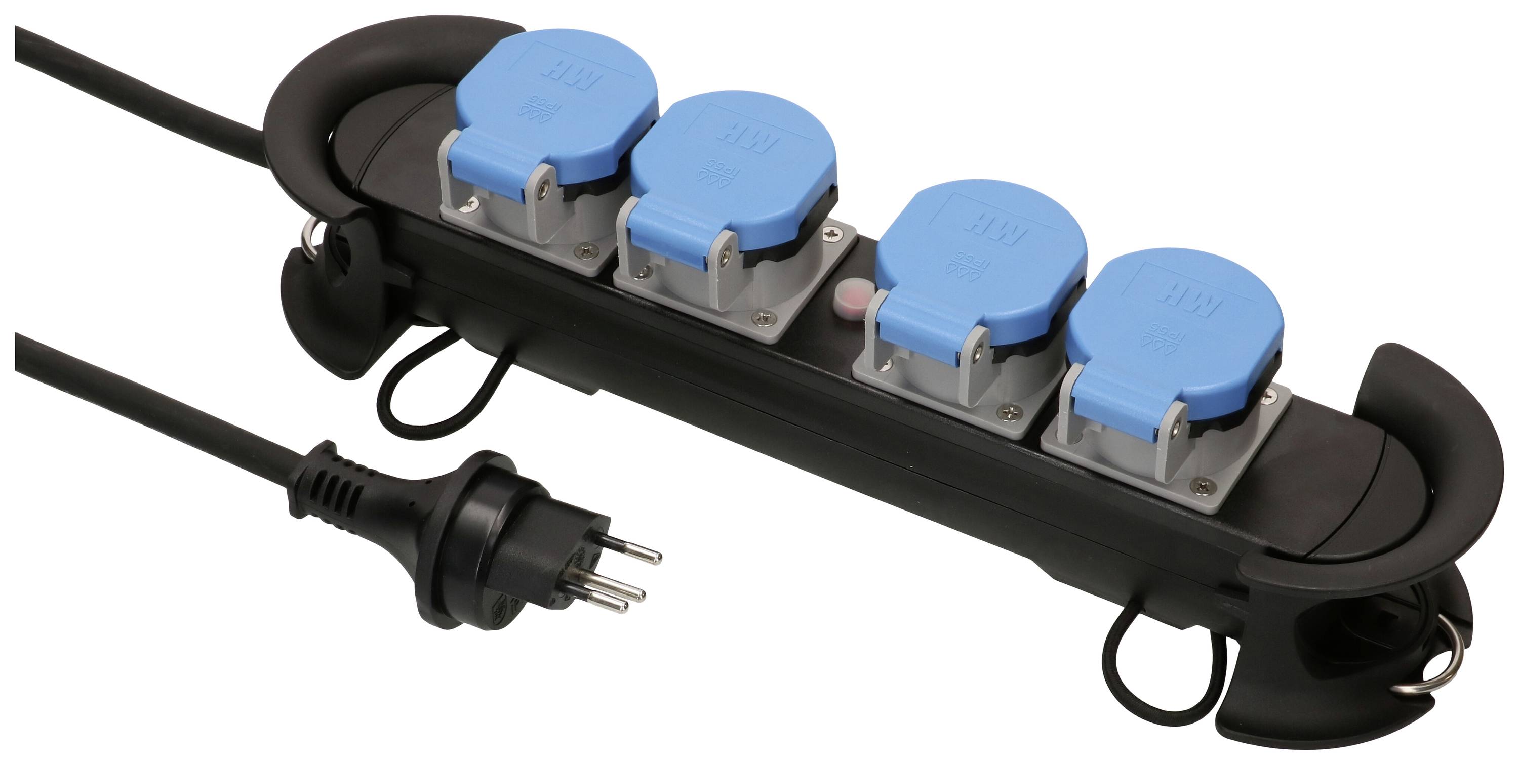 Schwarze Steckdosenleiste mit vier blauen Schutzkontaktsteckdosen und einem Kabel mit Stecker, geeignet für den Innenbereich.