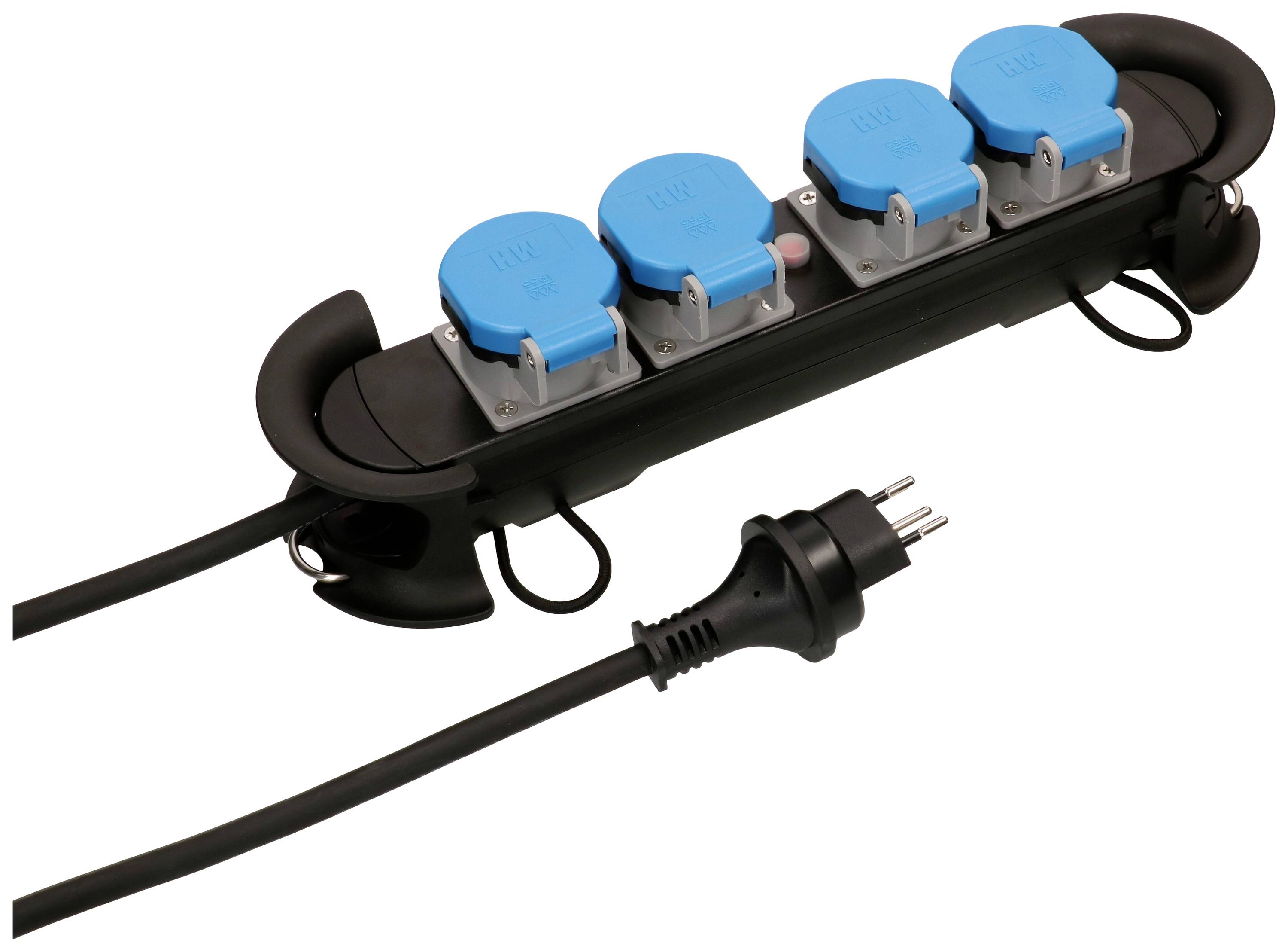 Schwarzer Mehrfachstecker mit vier blauen Steckdosen und einem Kabel mit Stecker. Geeignet für den Einsatz in trockenen Innenräumen.