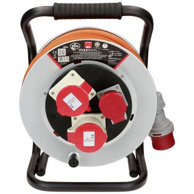 Ein Kabeltrommel mit mehreren Steckdosen, ideal für den Einsatz bei Bauarbeiten oder Veranstaltungen zum Anschluss elektrischer Geräte.