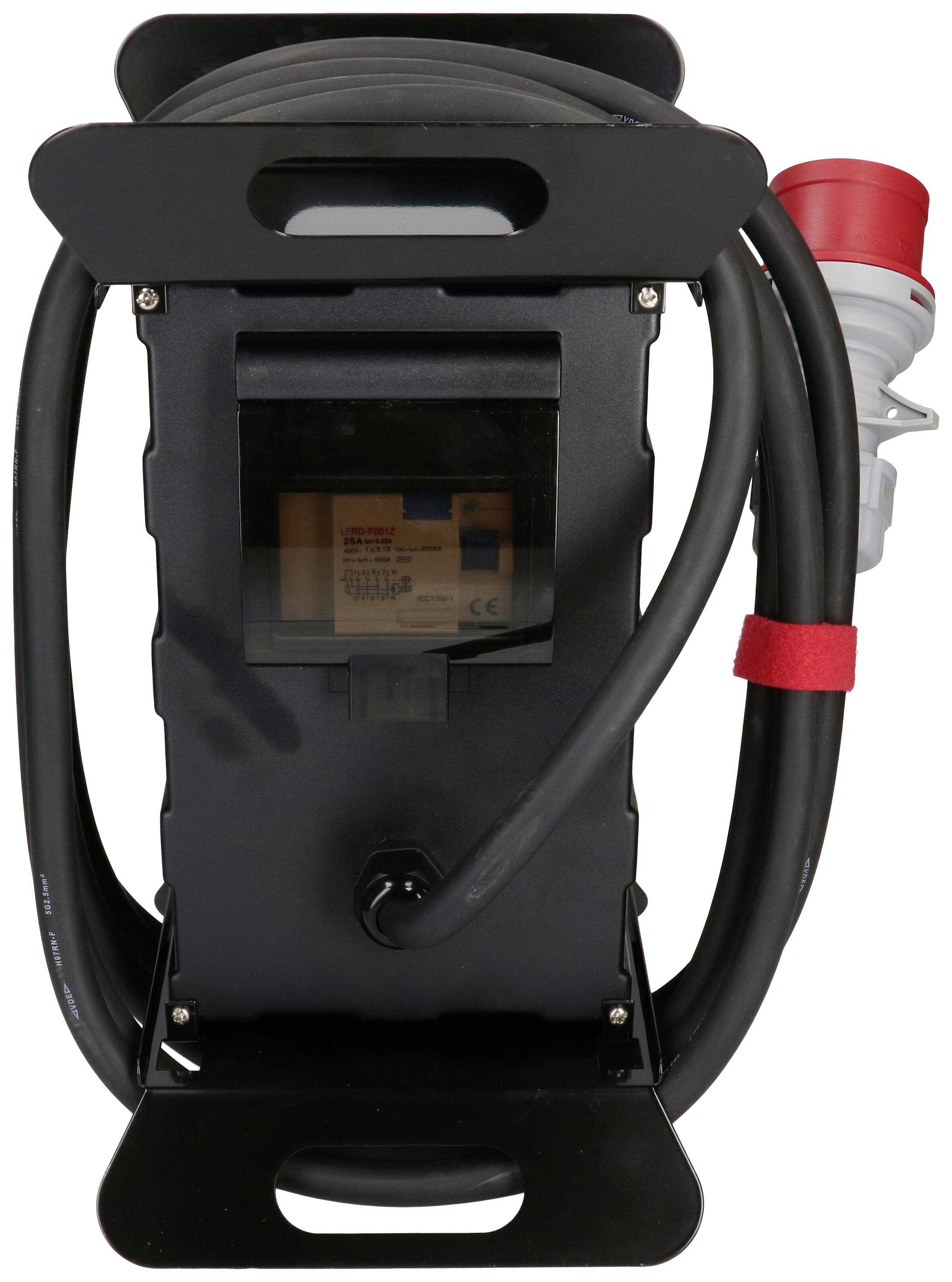Ein schwarzer Kabeltrommelhalter mit Kabel und Stecker. Der Halter hat oben und unten Griffe und ist für den Transport von Elektrokabeln.