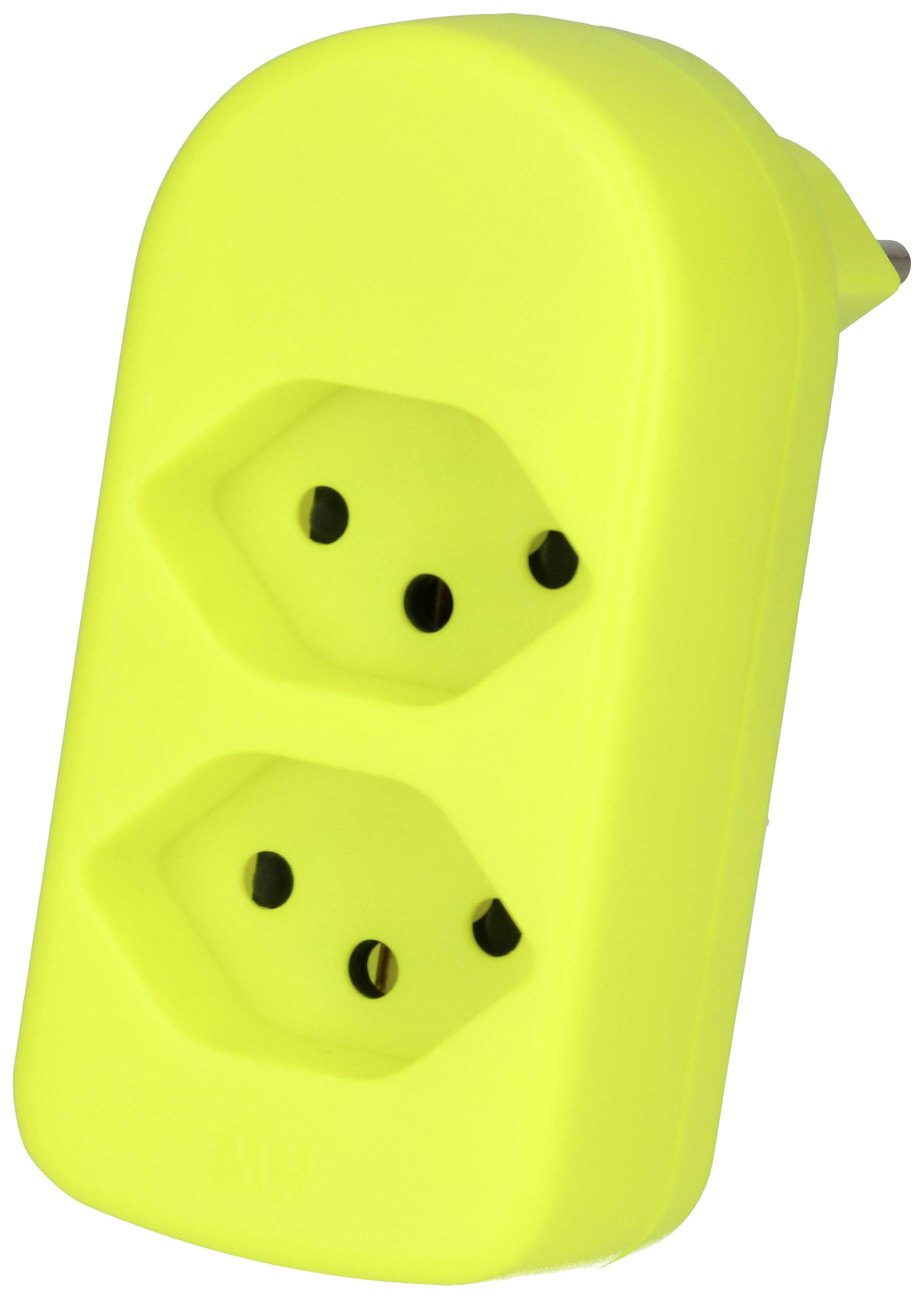 Gelber doppelter Steckdosenadapter mit zwei Öffnungen, geeignet zur gleichzeitigen Nutzung mehrerer Elektrogeräte.