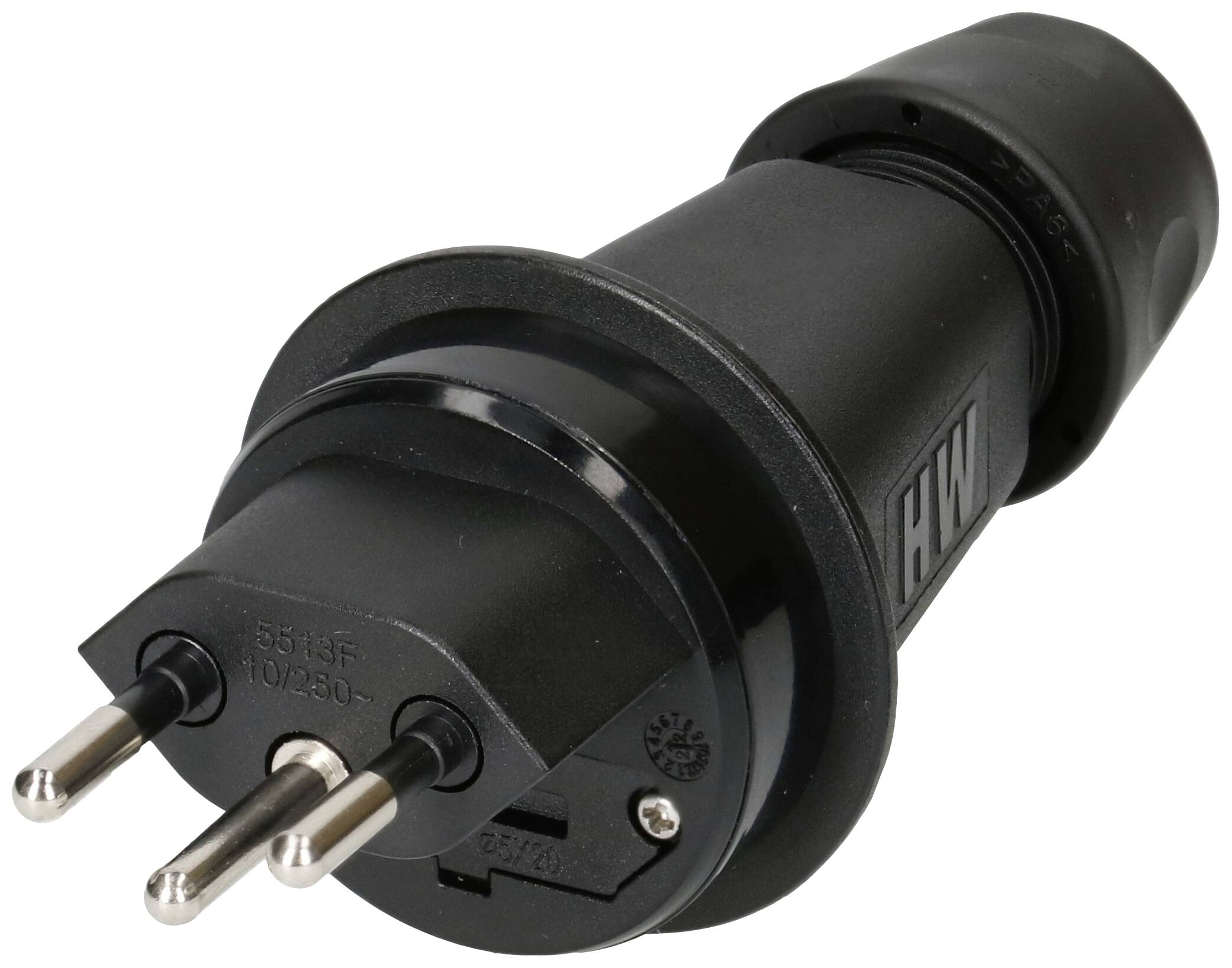 Ein schwarzer, runder Stromstecker mit drei Metallstiften, geeignet für hohe Spannungen, auf weißem Hintergrund.