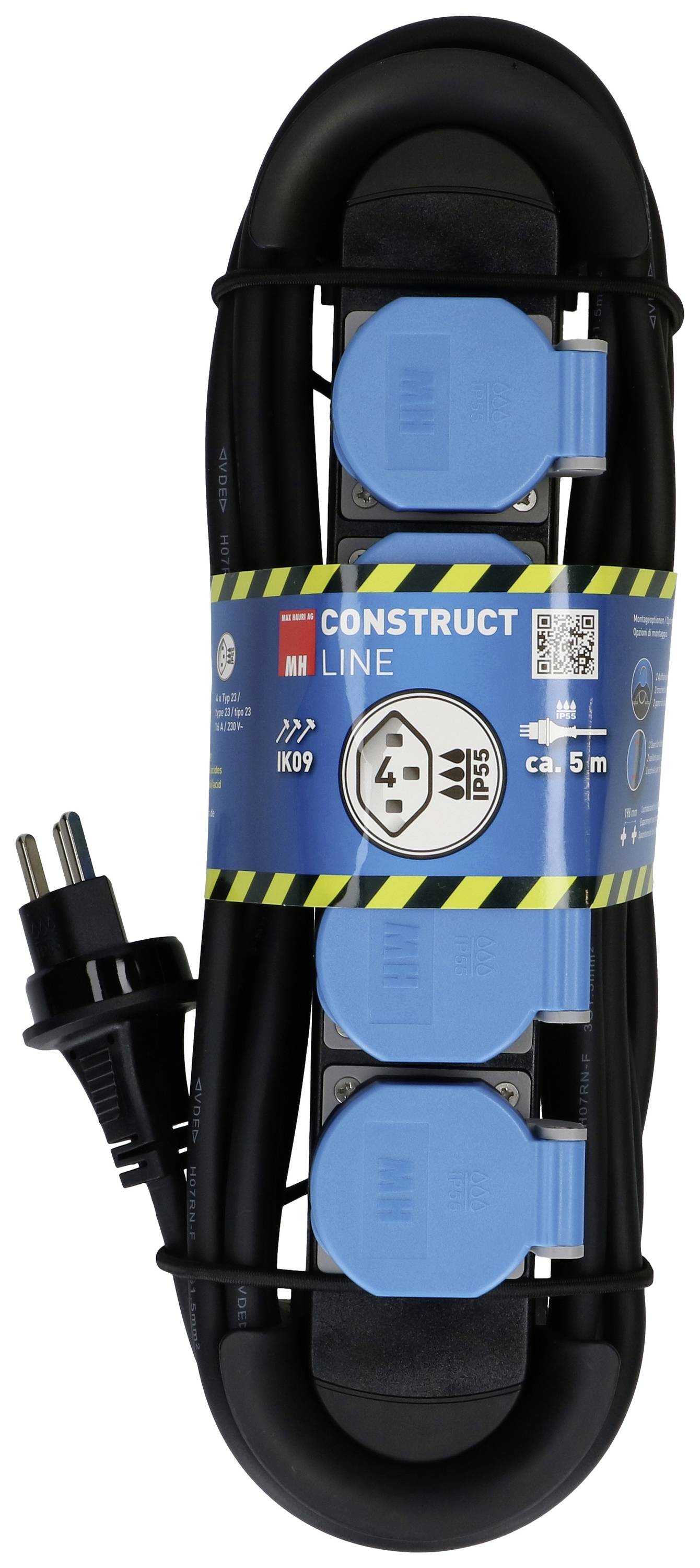 Verlängerungskabel mit vier blauen Steckdosen, schwarzem Kabel und Stecker. Verpackungsband mit Text 'Construct Line'. Länge ca. 5m.