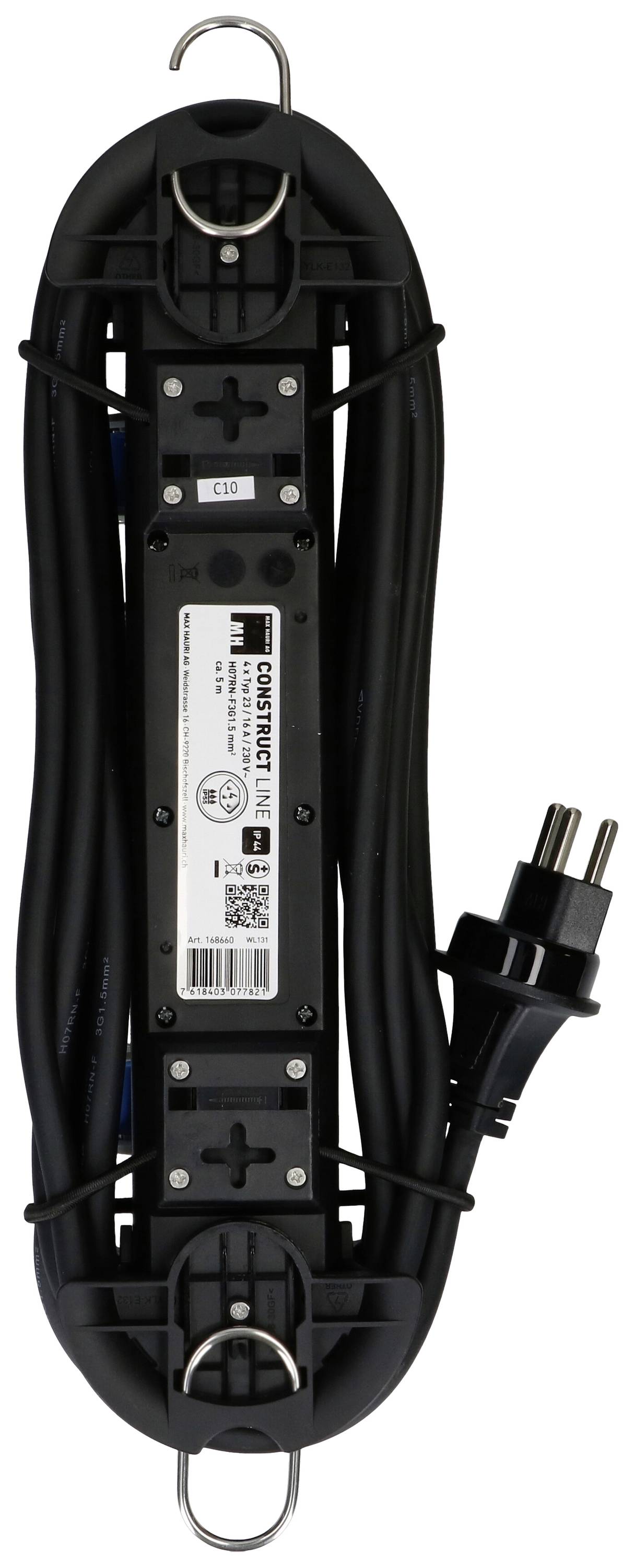 Schwarzes Netzkabel mit Eurostecker und E/G164-Zertifizierung, aufgerollt auf einem Kunststoffträger.