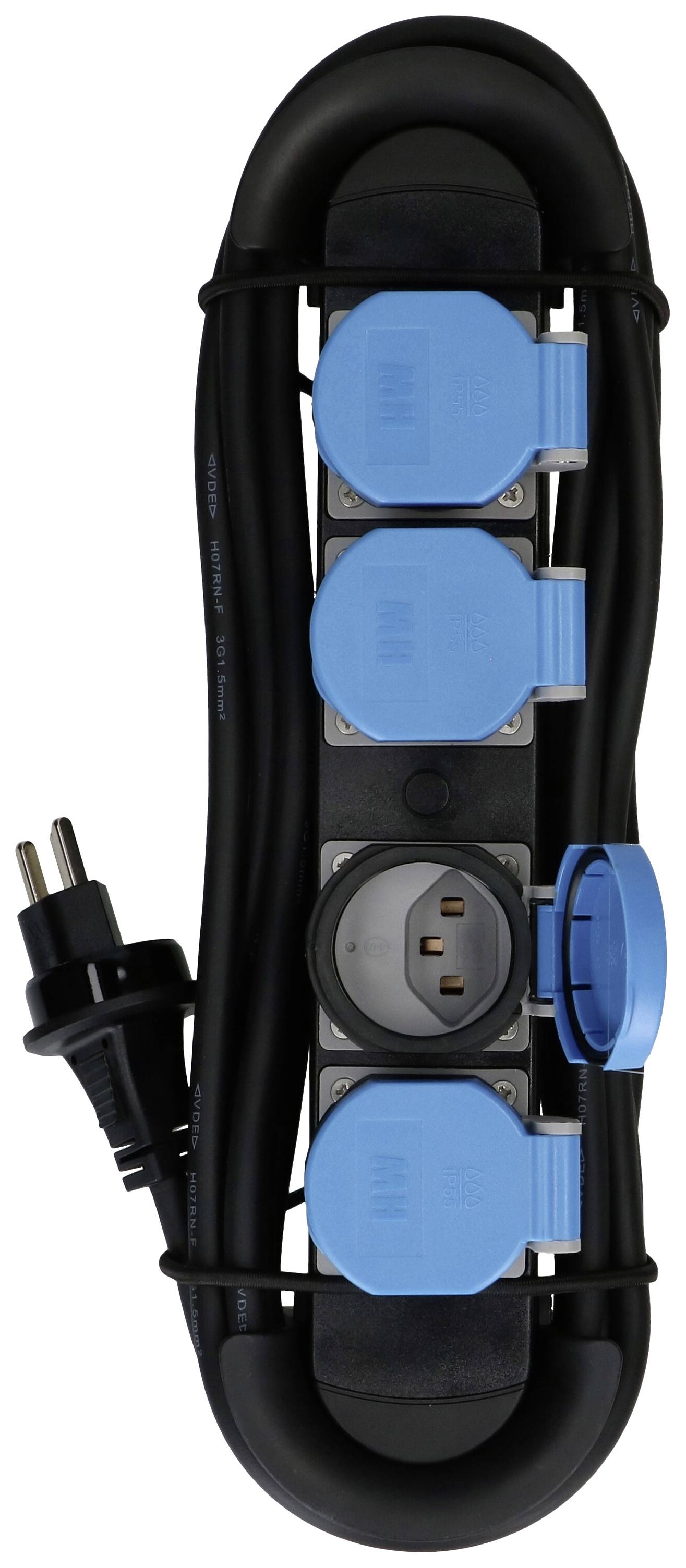 Ein schwarzes Verlängerungskabel mit vier blauen Steckdosen und einem schwarzen Stecker, geeignet für die Verwendung im Innenbereich.