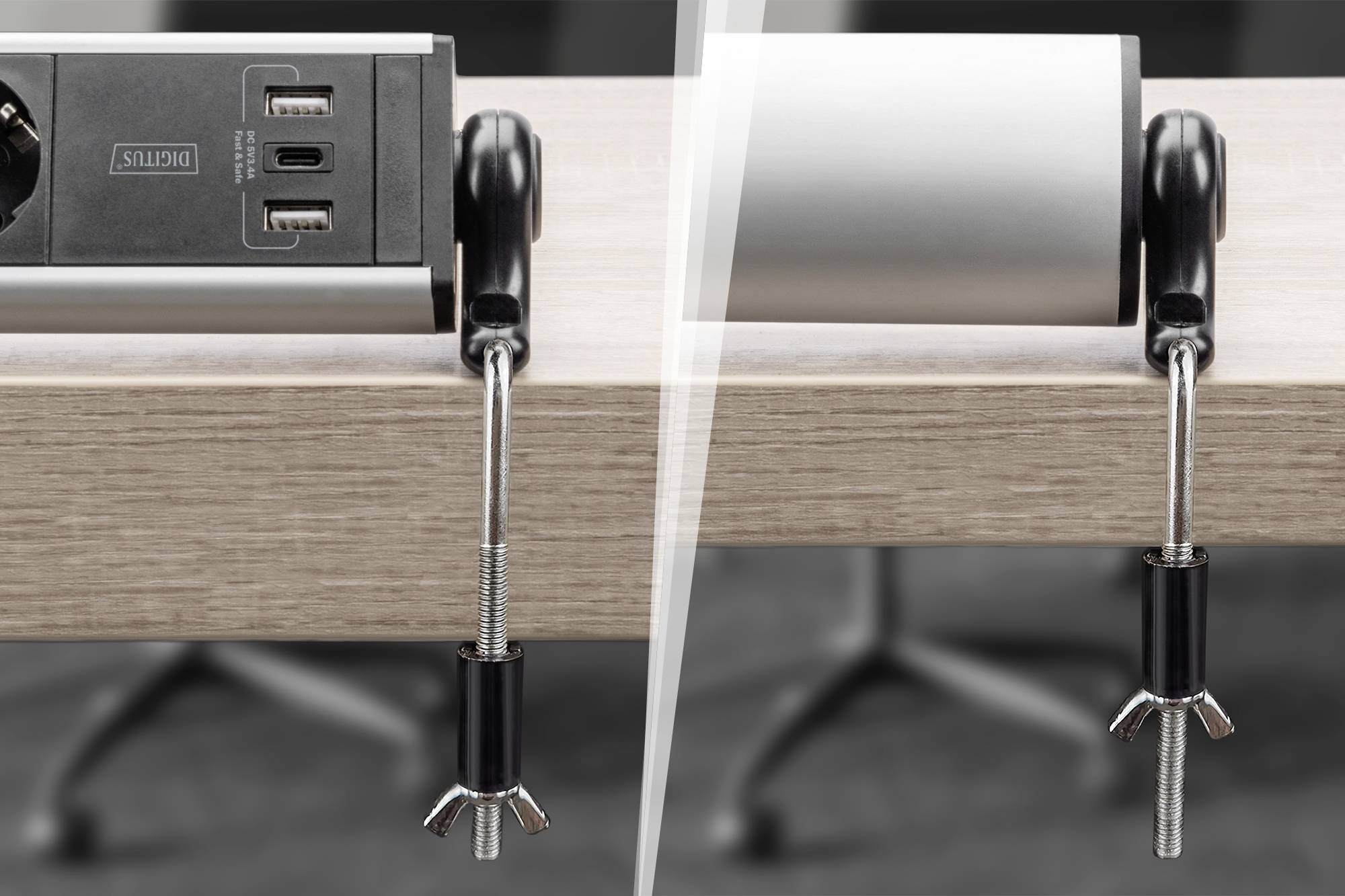 'Vorher-Nachher-Darstellung: Links wird eine Steckdosenleiste mit Schraubzwinge an einem Tisch befestigt, rechts ohne Leiste, nur die Zwinge.'