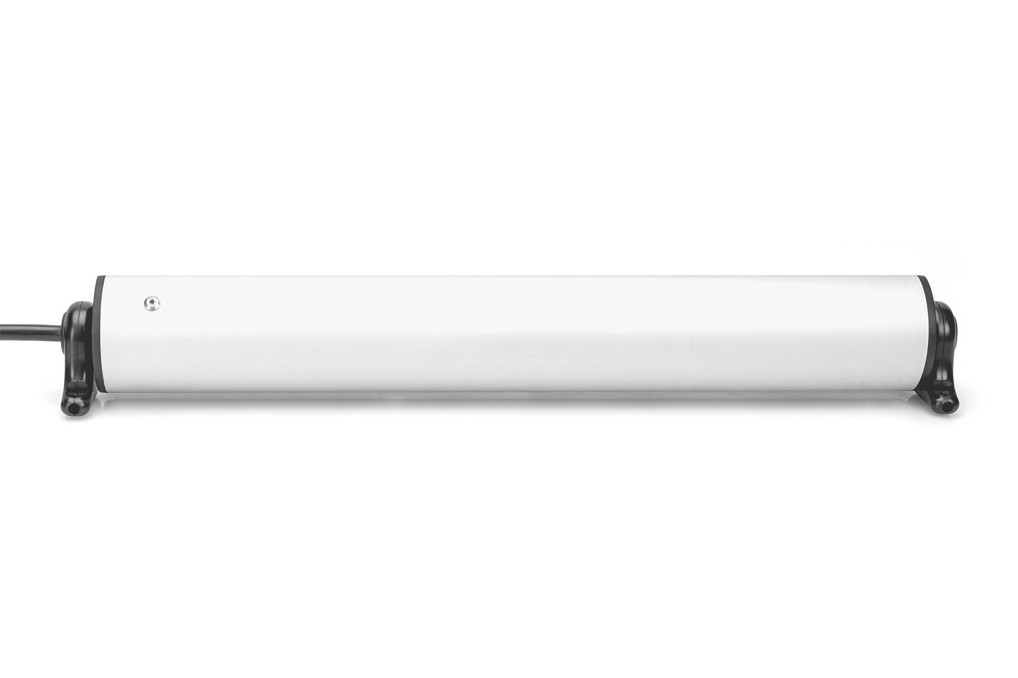 Unbekanntes Gerät mit weißem, zylindrischem Gehäuse und schwarzem Rahmen an den Enden. Kabel auf der linken Seite sichtbar.