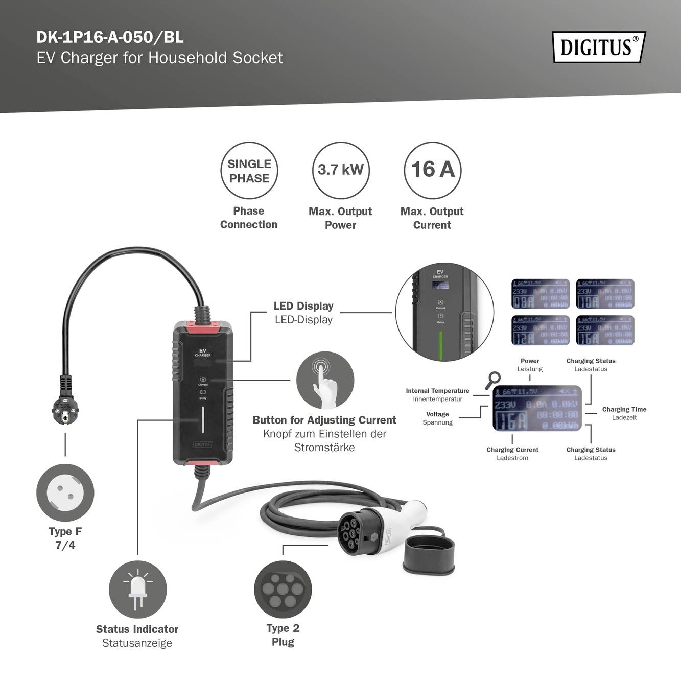 'EV-Ladegerät für Haushaltssteckdosen, Modell DK-1P16-A-050/BL. 3,7 kW, 16 A. Typ-F-Stecker. LED-Display zur Ladeanzeige. Einstellknopf für Stromstärke.'