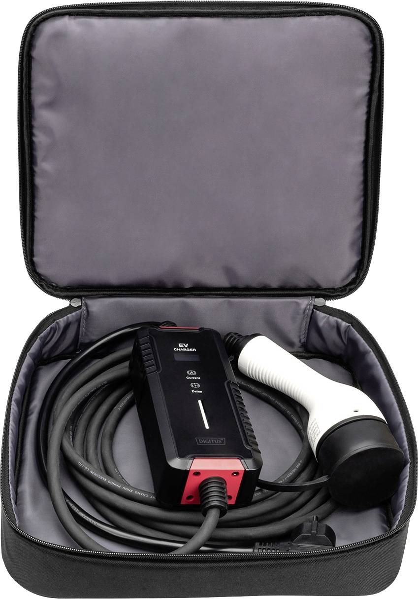 Tragbare Ladestation für Elektroautos in geöffneter Tasche mit Kabel und Ladegerät. Ideal für unterwegs und flexibles Laden.