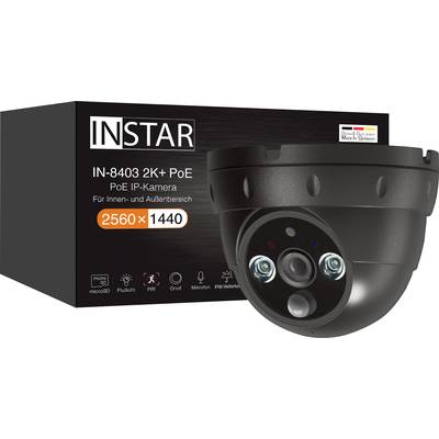 'INSTAR IN-8403 2K+ PoE IP-Kamera', geeignet für Innen- und Außenbereich, Auflösung 2560 x 1440, abgebildet auf der Produktverpackung.