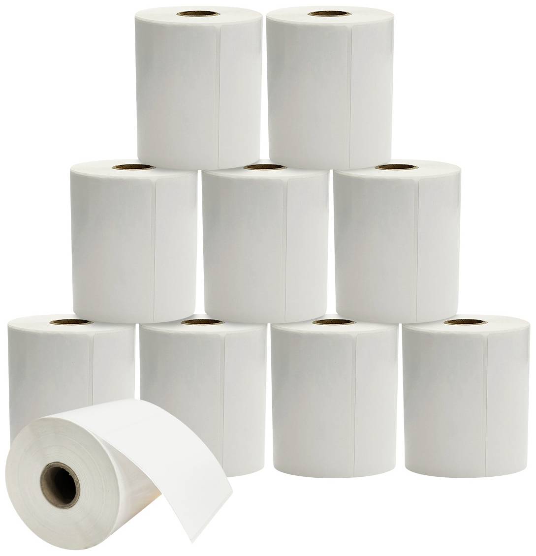 Neun aufeinander gestapelte, weiße Papierrollen mit einer zusätzlichen ausgerollten Rolle im Vordergrund.