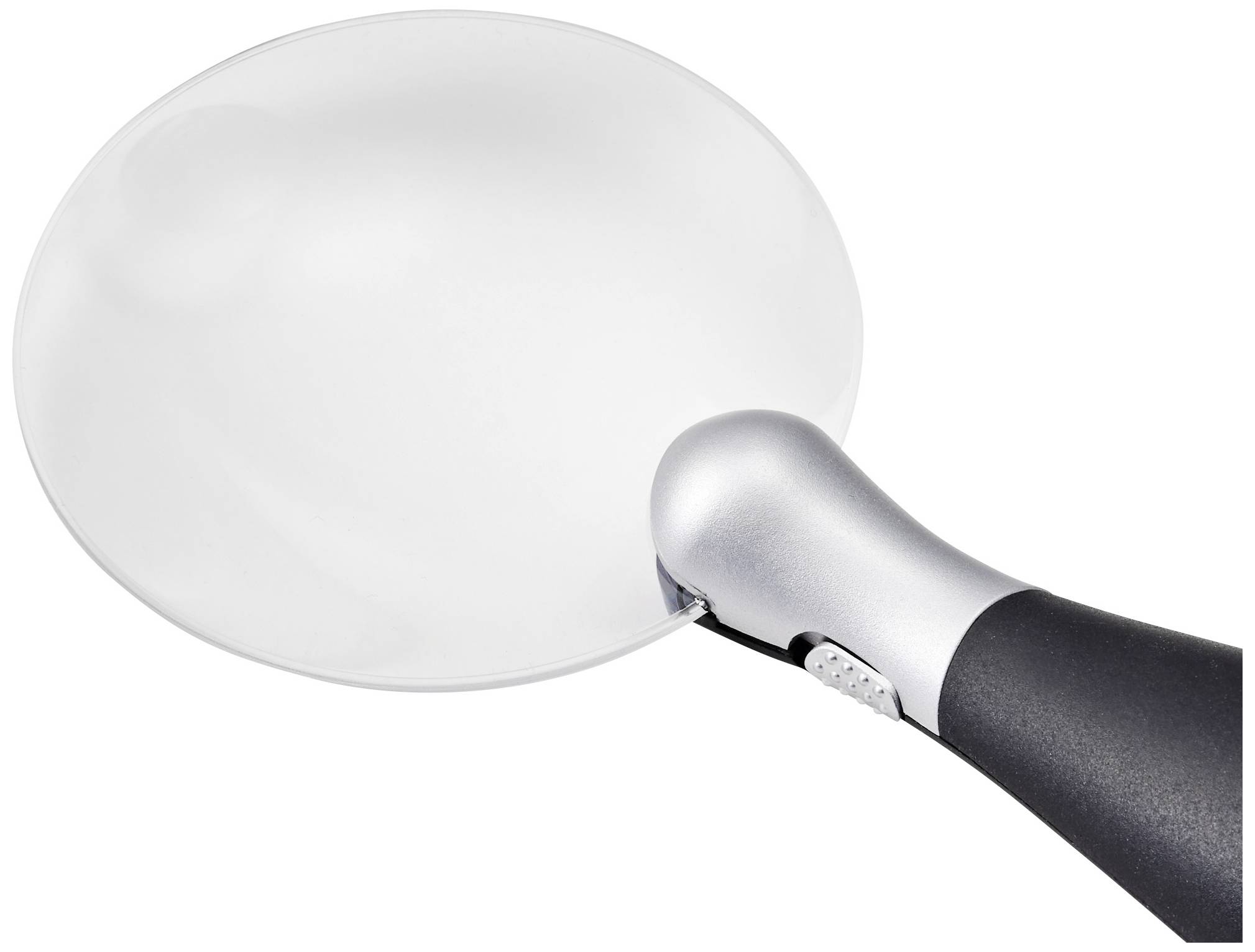 Eine silberne Lupe mit schwarzem Griff, die eine glatte, leicht vergrößerte Oberfläche zeigt. Ideal zum Betrachten kleiner Details.