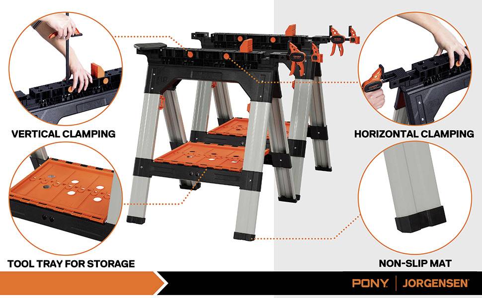 'Abbildung zeigt eine Werkbank mit vertikalen und horizontalen Spannmöglichkeiten, einer Werkzeugsablage und rutschfesten Matten.'