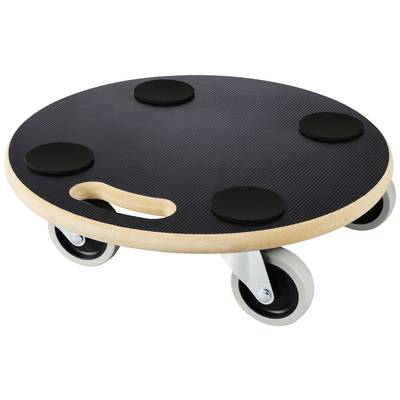 Ein runder Transportroller aus Holz mit schwarzer Oberfläche und vier schwarzen Gummipads auf Rollen. Ideal für den Möbeltransport.