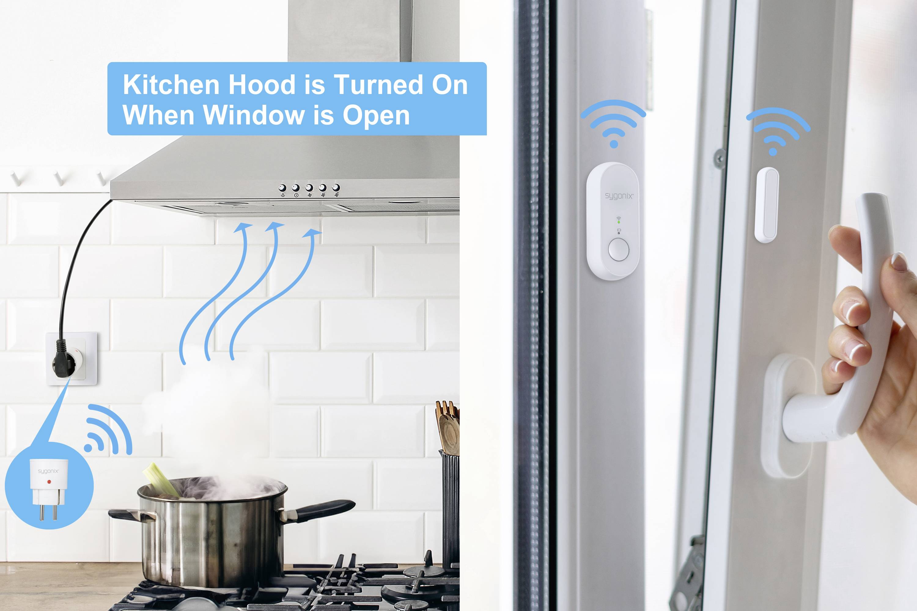 Automatisches Küchensystem: Dunstabzugshaube aktiviert, wenn Fenster geöffnet. Sensoren am Fenster und Schalter. Topf kocht auf Herd.