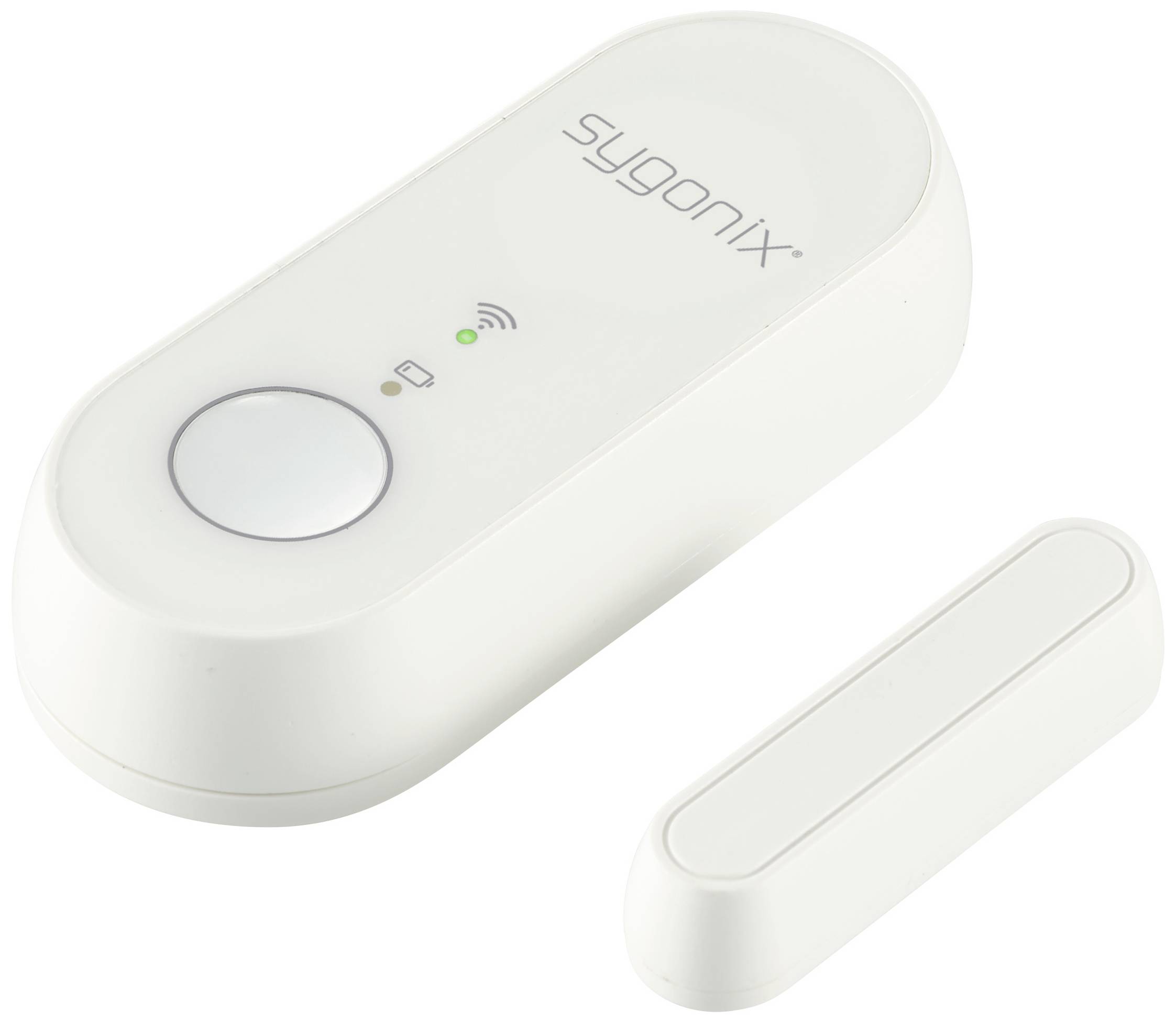Ein weißer, rechteckiger Tür- und Fenstersensor von sygonix mit großem Knopf und LED-Anzeige. Hauptsensor und kleiner Magnetteil.