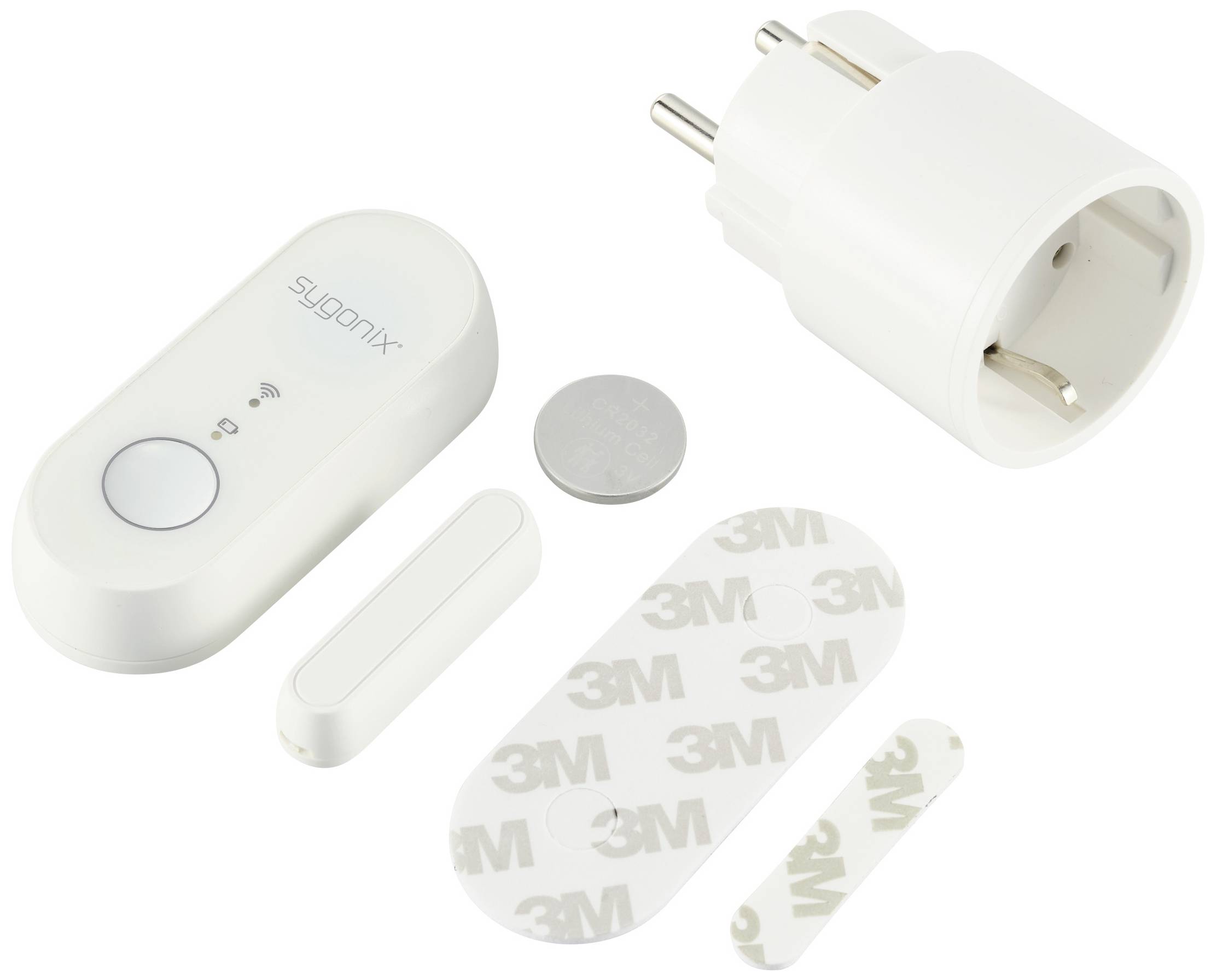 Ein weißes Smart-Home-Gerät-Set mit einem Smart Plug, einem Sensor und Zubehör: 3M-Klebestreifen, Magnet und Knopfzelle.