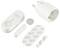 Ein weißes Smart-Home-Gerät-Set mit einem Smart Plug, einem Sensor und Zubehör: 3M-Klebestreifen, Magnet und Knopfzelle.