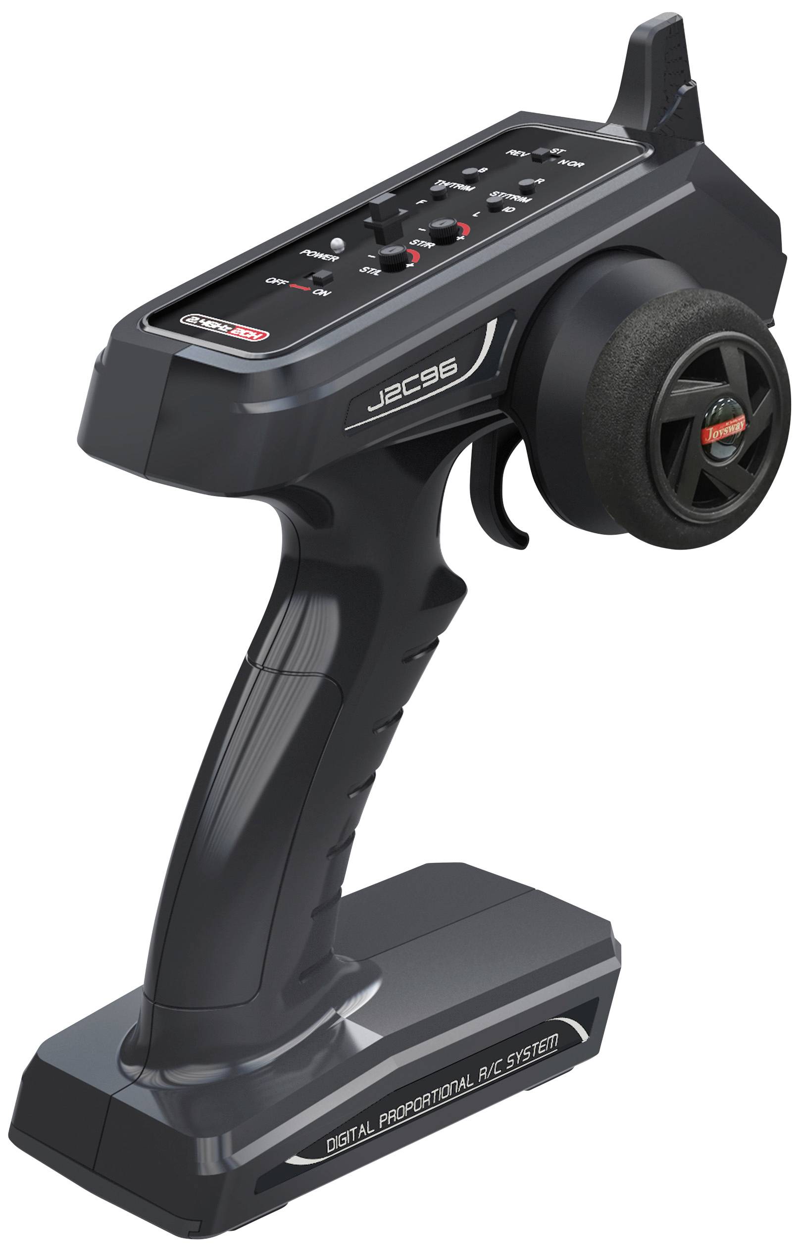 Funkfernsteuerung mit mehreren Knöpfen und einem Rad, wahrscheinlich für die Steuerung eines ferngesteuerten Fahrzeugs.